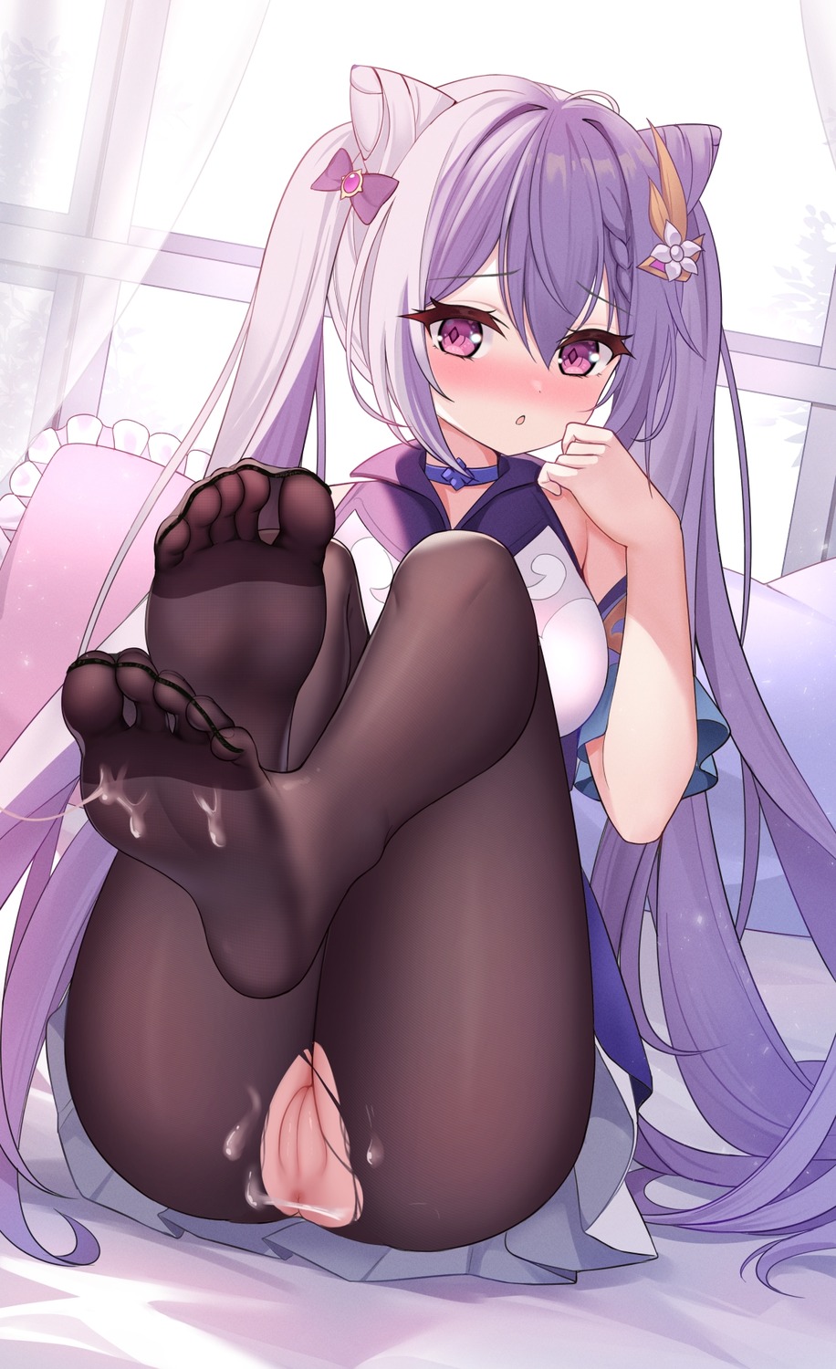 anus ass cum feet genshin_impact icwine keqing pantyhose pussy skirt_lift torn_clothes uncensored