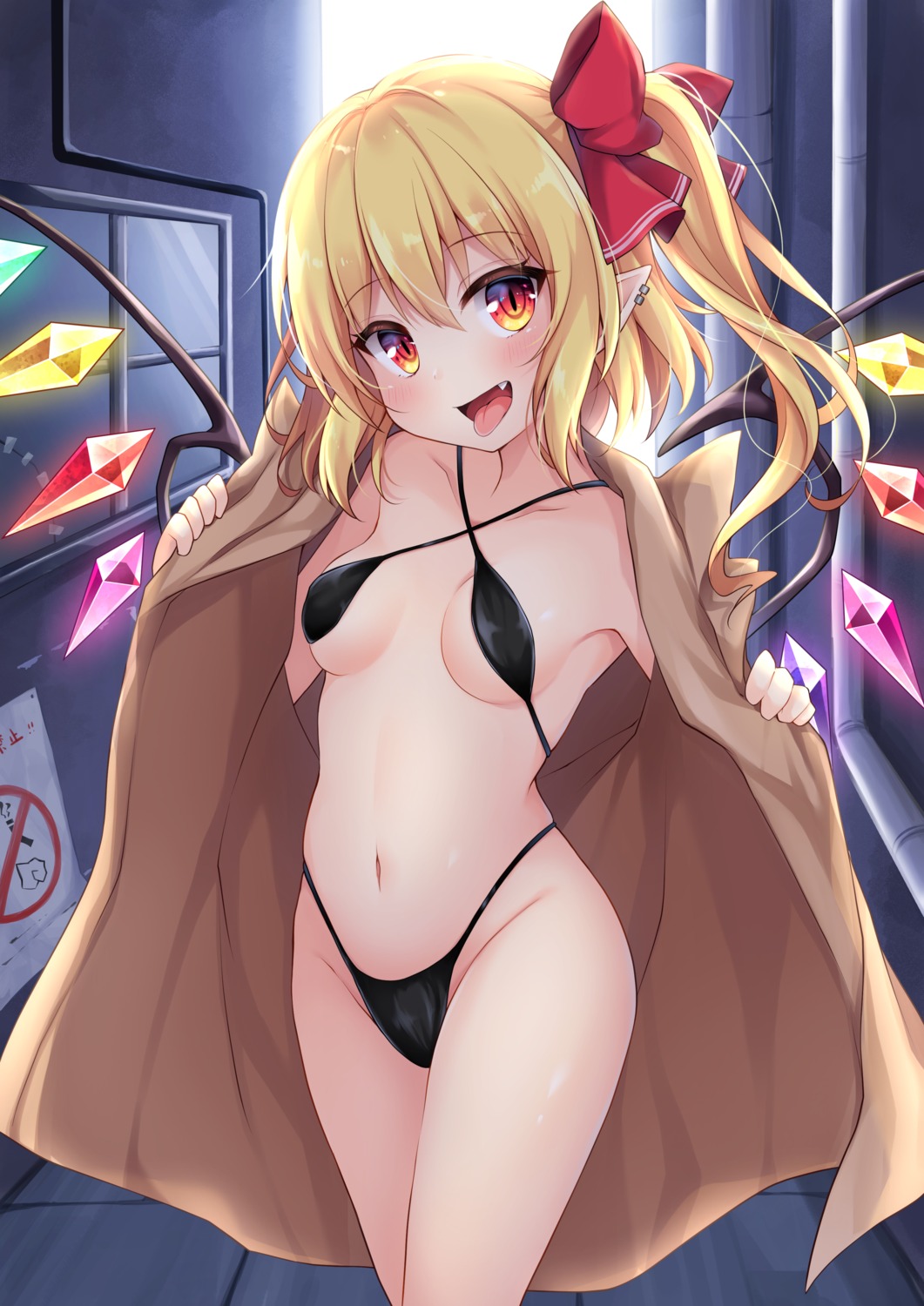 bikini flandre_scarlet loli miy@ open_shirt pointy_ears swimsuits touhou undressing wings