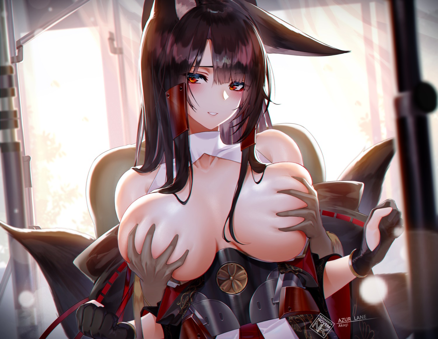 akagi_(azur_lane) animal_ears azur_lane breast_grab breasts japanese_clothes kitsune no_bra nonaginta_novem tail