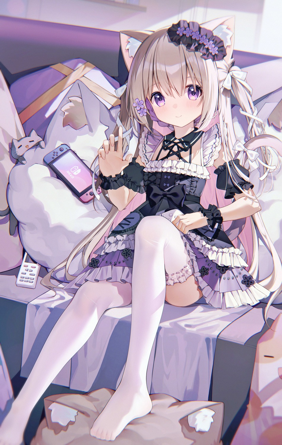 animal_ears dress gothic_lolita lolita_fashion nekomimi ratto skirt_lift tail thighhighs