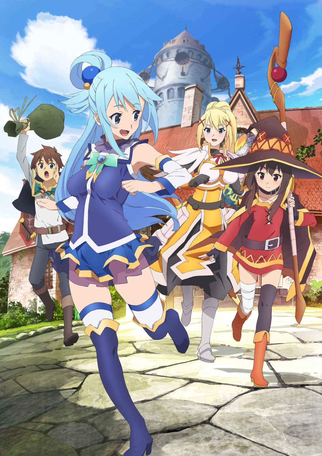 aqua_(konosuba) armor bandages digital_version dress dustiness_ford_raratina heels kono_subarashii_sekai_ni_shukufuku_wo! megumin satou_kazuma thighhighs weapon witch