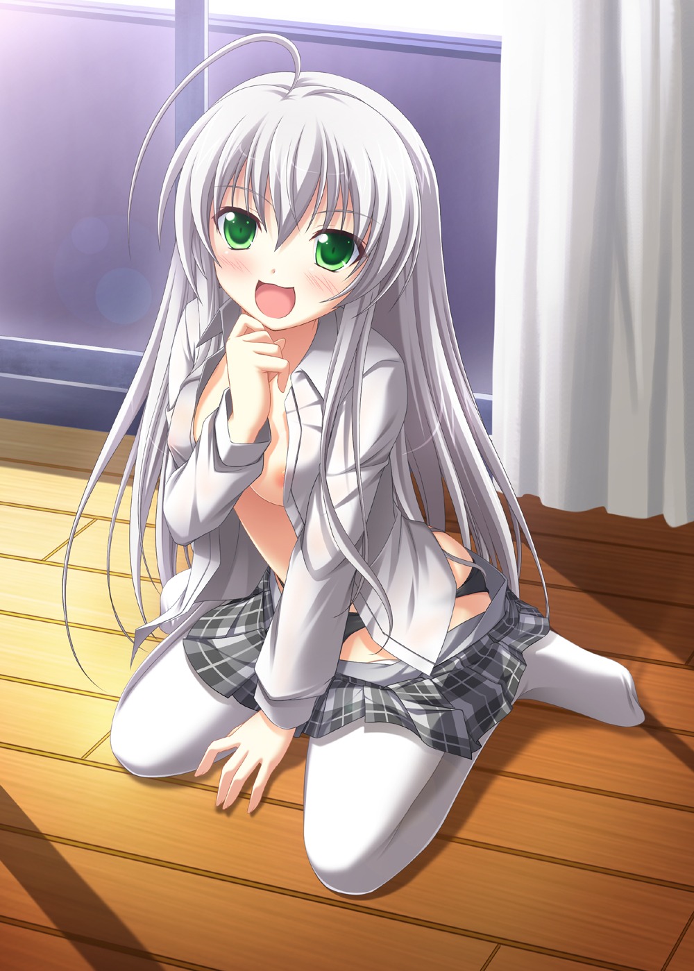 haiyore!_nyaruko-san nipple_slip nipples no_bra nyaruko open_shirt pantsu thighhighs tsuda_akira undressing