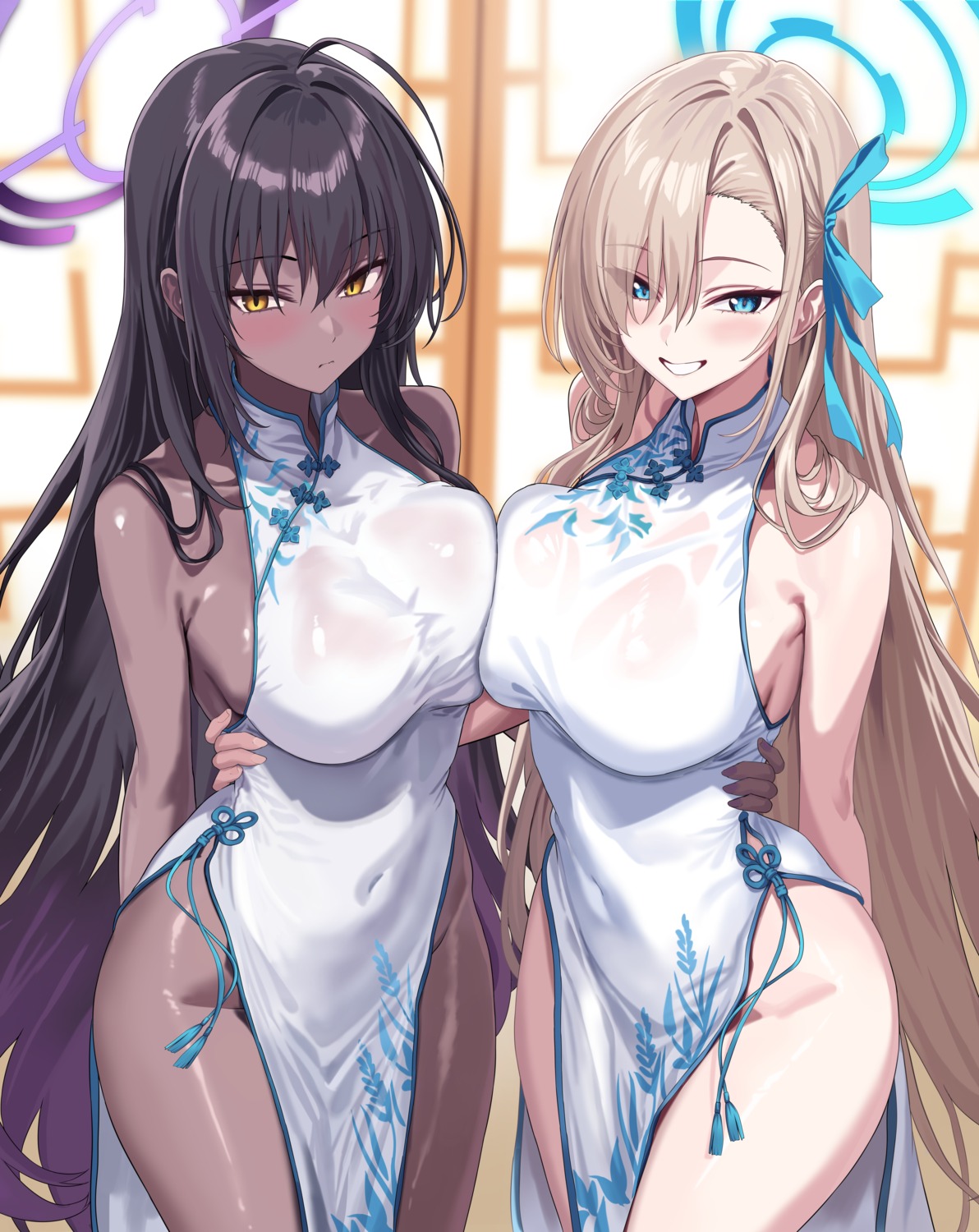 blue_archive chinadress halo hidis0086 ichinose_asuna kakudate_karin no_bra nopan see_through symmetrical_docking