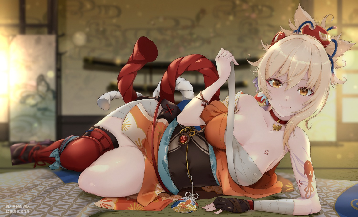 bandages chark14 genshin_impact japanese_clothes sarashi tattoo thighhighs undressing yoimiya