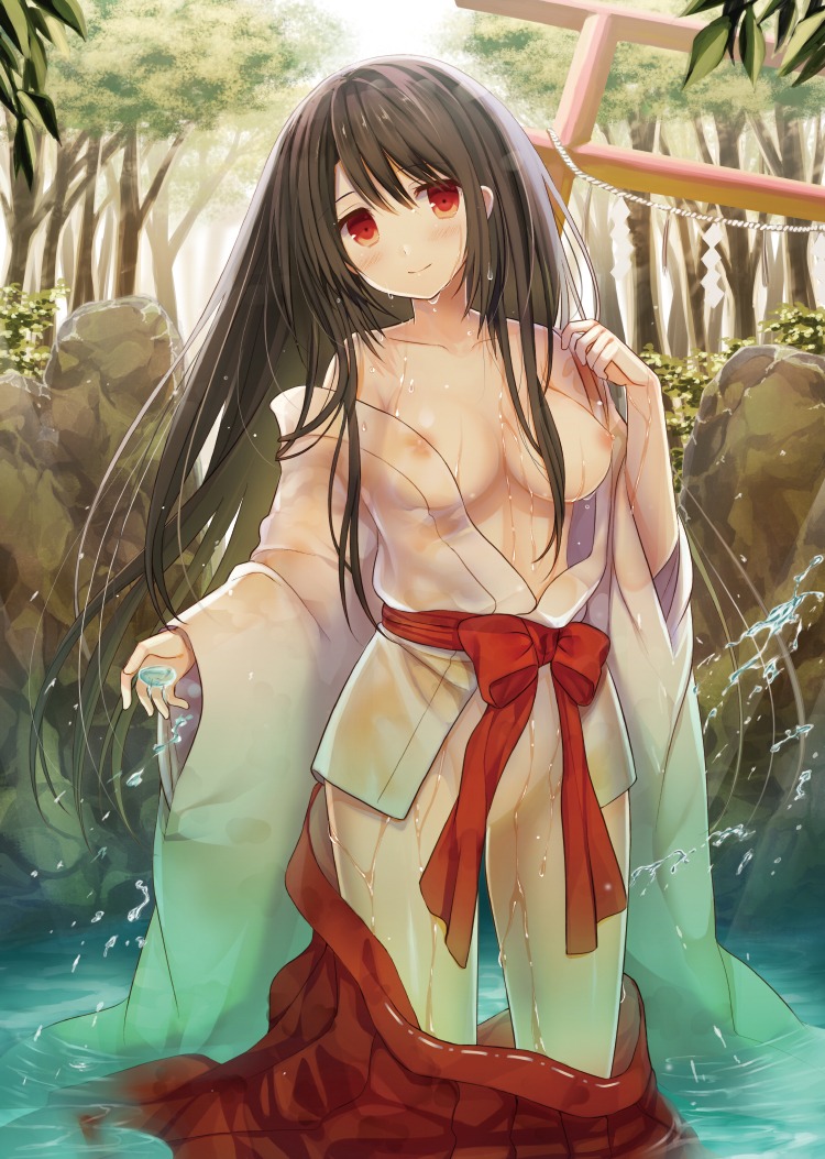 breasts miko nipples no_bra nopan see_through wet wet_clothes yuuki_rika