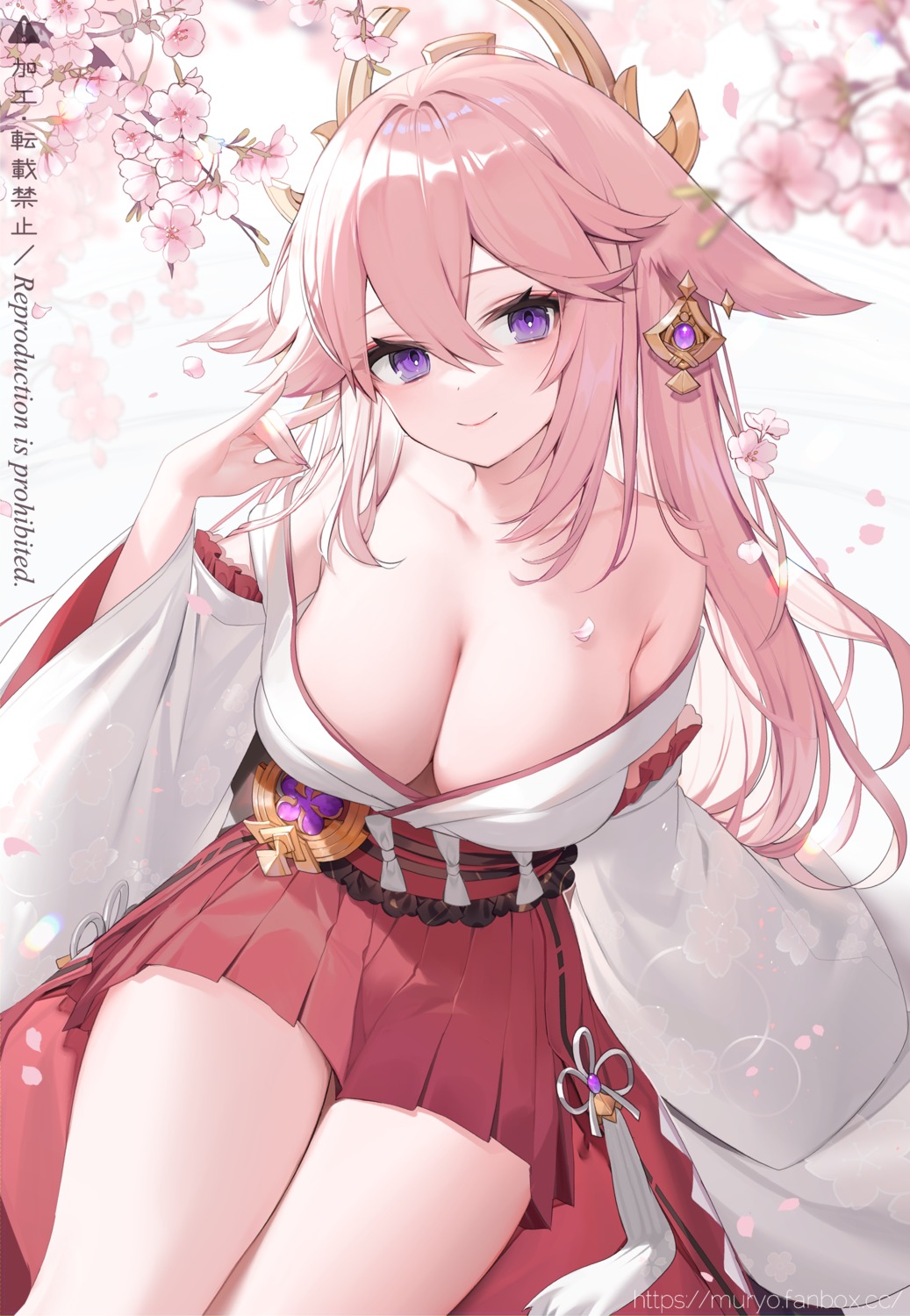 animal_ears genshin_impact kitsune miko muryo no_bra open_shirt yae_miko