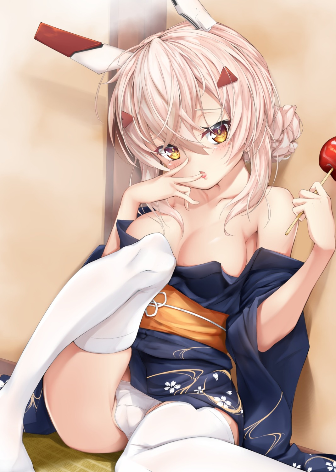 ayanami_(azur_lane) azur_lane cameltoe no_bra open_shirt pantsu skirt_lift sutetete thighhighs yukata