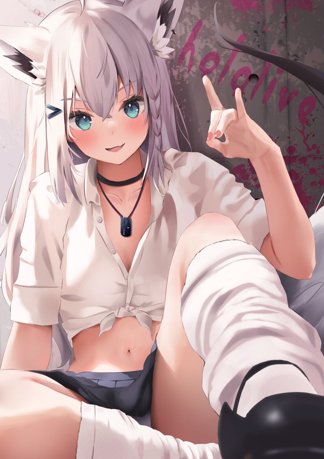 animal_ears cleavage hololive hololive_gamers kitsune open_shirt pantsu seifuku shirakami_fubuki shirt_lift skirt_lift tail uechin_ewokaku