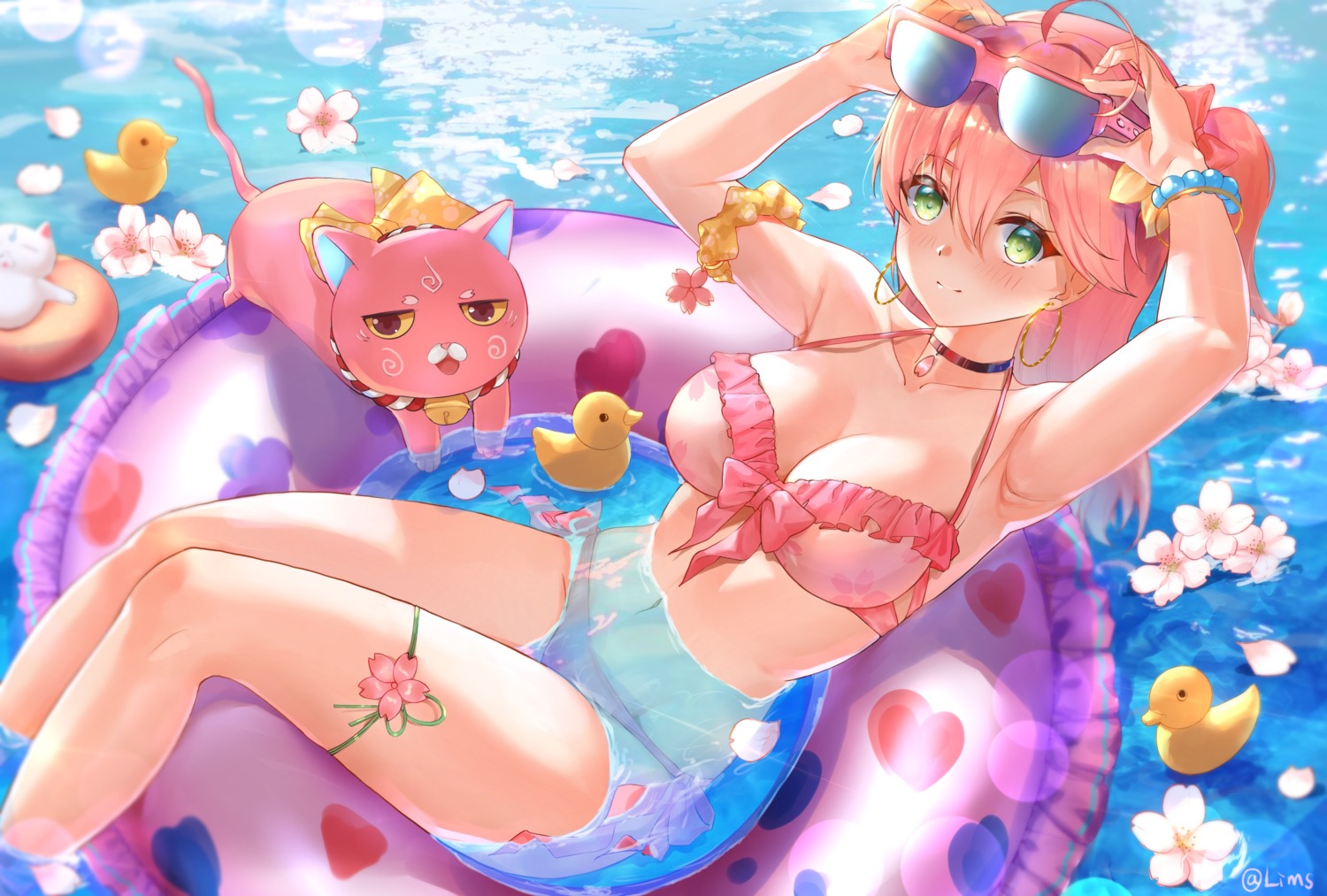 bikini cleavage garter hololive lims_(neko2lims) megane neko sakura_miko swimsuits wet