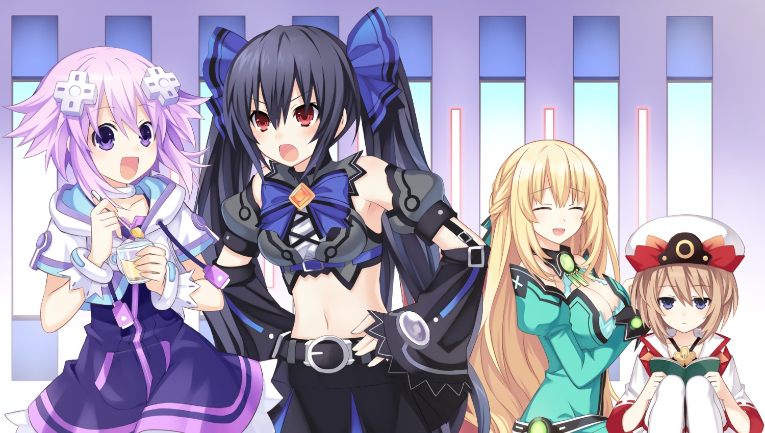 blanc breast_hold chou_megami_shinkou_noire_gekishin_black_heart choujigen_game_neptune cleavage dress game_cg neptune noire tsunako vert