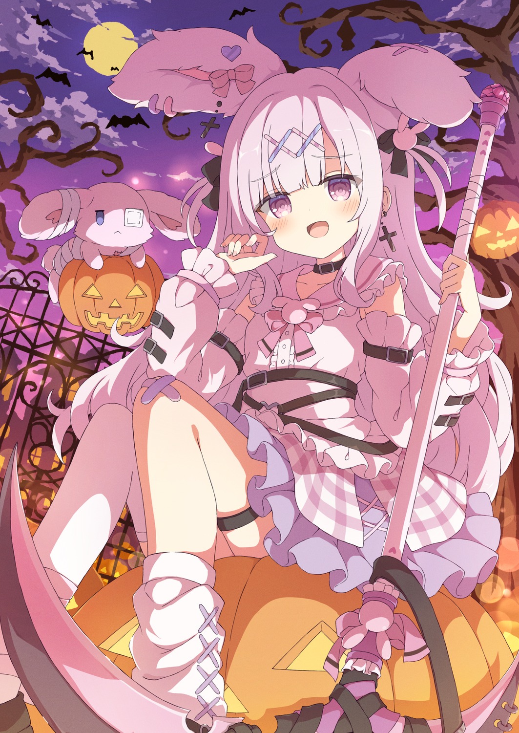 animal_ears bandaid bunny_ears eyepatch garter halloween indie_virtual_youtuber seifuku thighhighs tyakomes usatama_amyu weapon