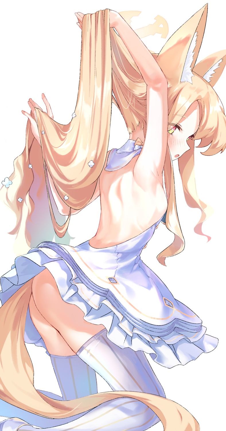 animal_ears ass blue_archive dress halo no_bra nopan shionji_ax skirt_lift tail thighhighs yurizono_seia