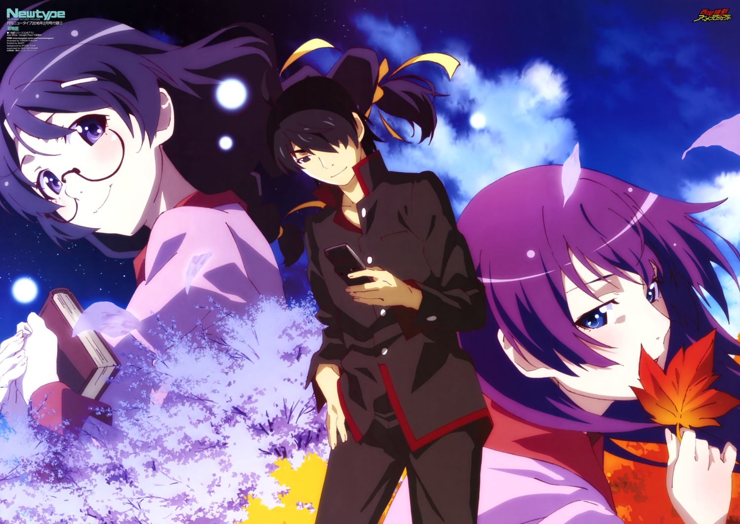 araragi_koyomi bakemonogatari fukuchi_tomoki hanekawa_tsubasa megane monogatari_(series) seifuku senjougahara_hitagi