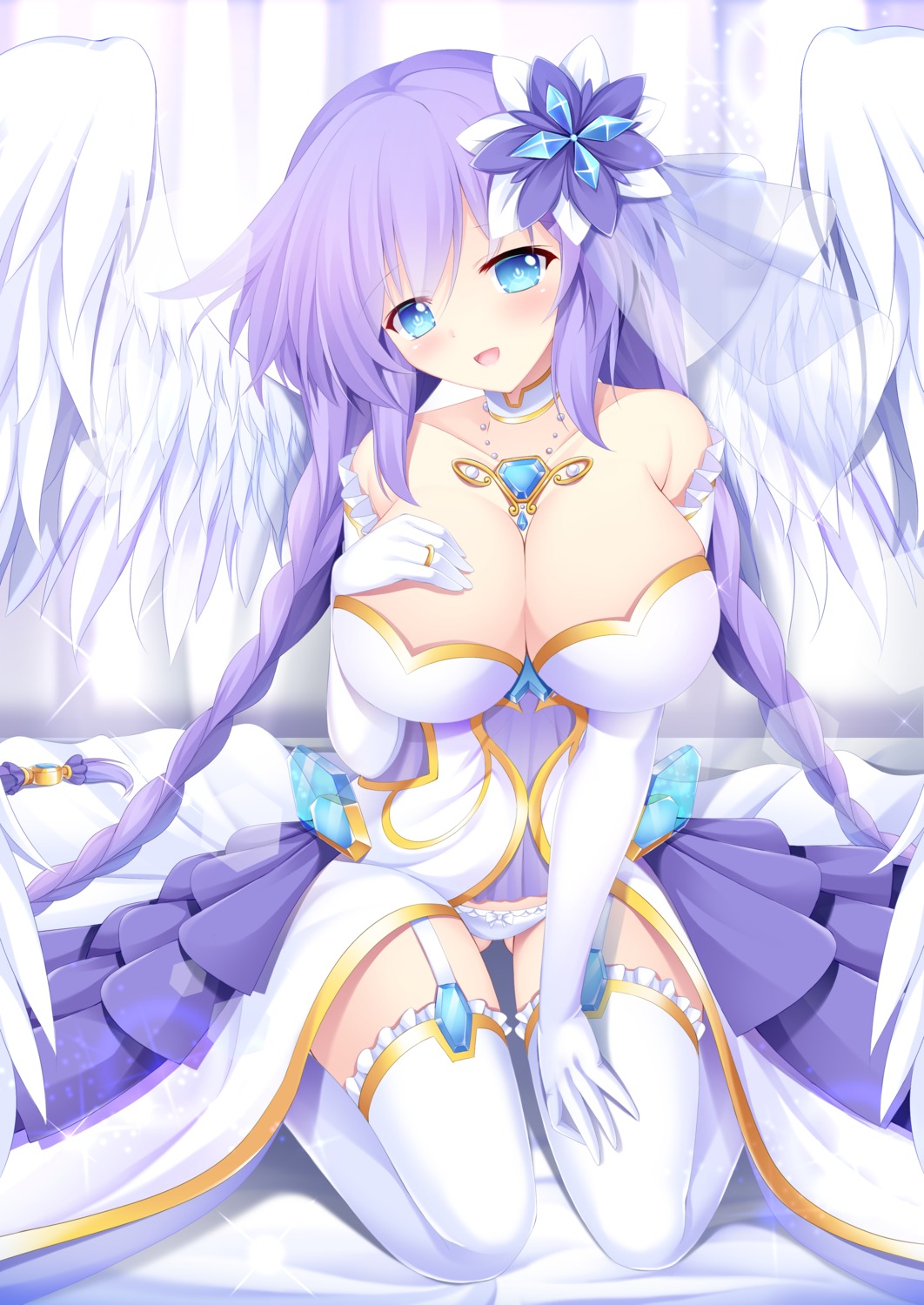 angel breast_hold choujigen_game_neptune cleavage four_goddesses_online:_cyber_dimension_neptune kishimen no_bra pantsu purple_heart stockings thighhighs wings