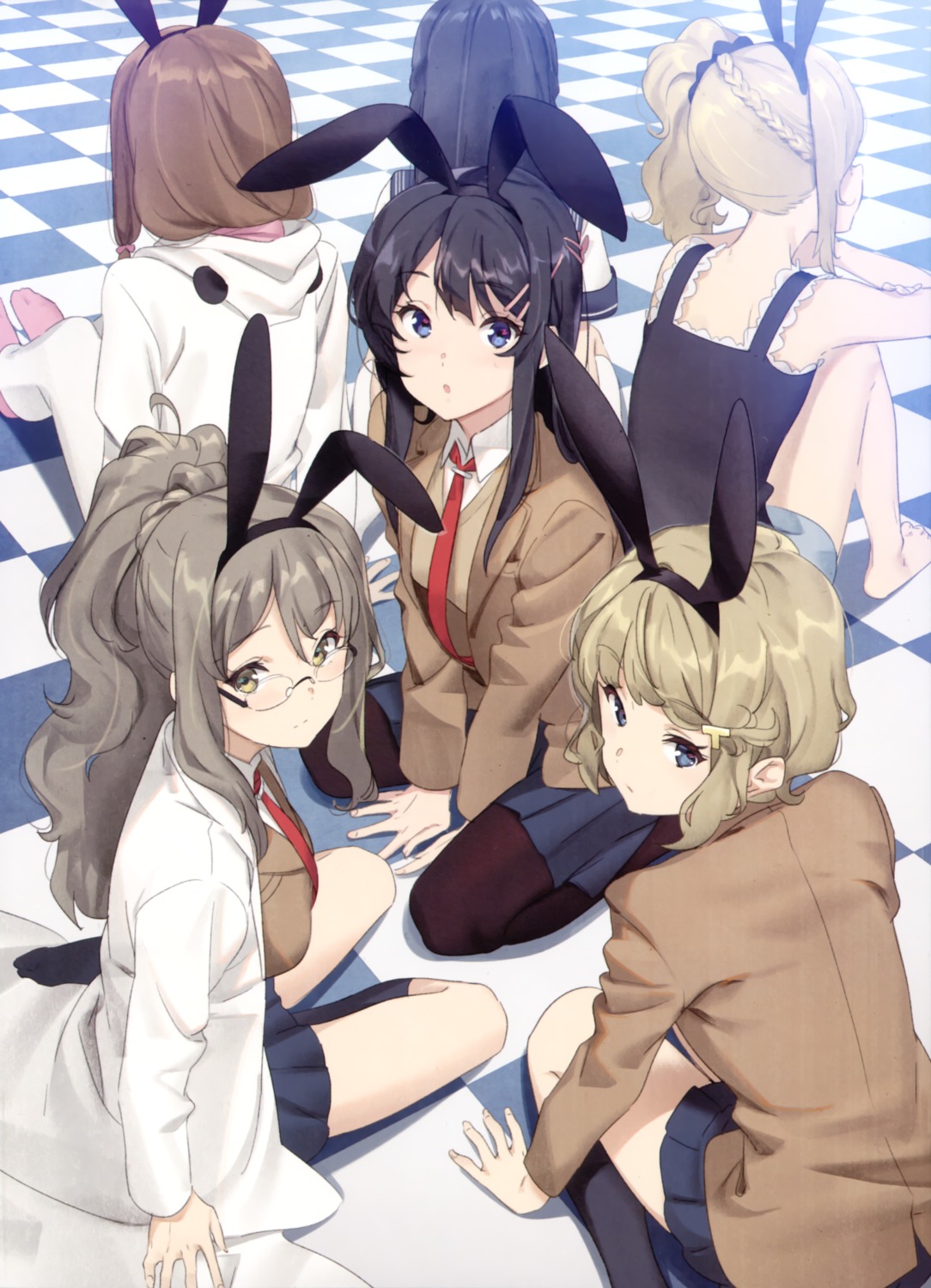 animal_ears azusagawa_kaede bunny_ears futaba_rio kamo_kamen koga_tomoe makinohara_shouko megane pantyhose sakurajima_mai seifuku seishun_buta_yarou_series sweater toyohama_nodoka