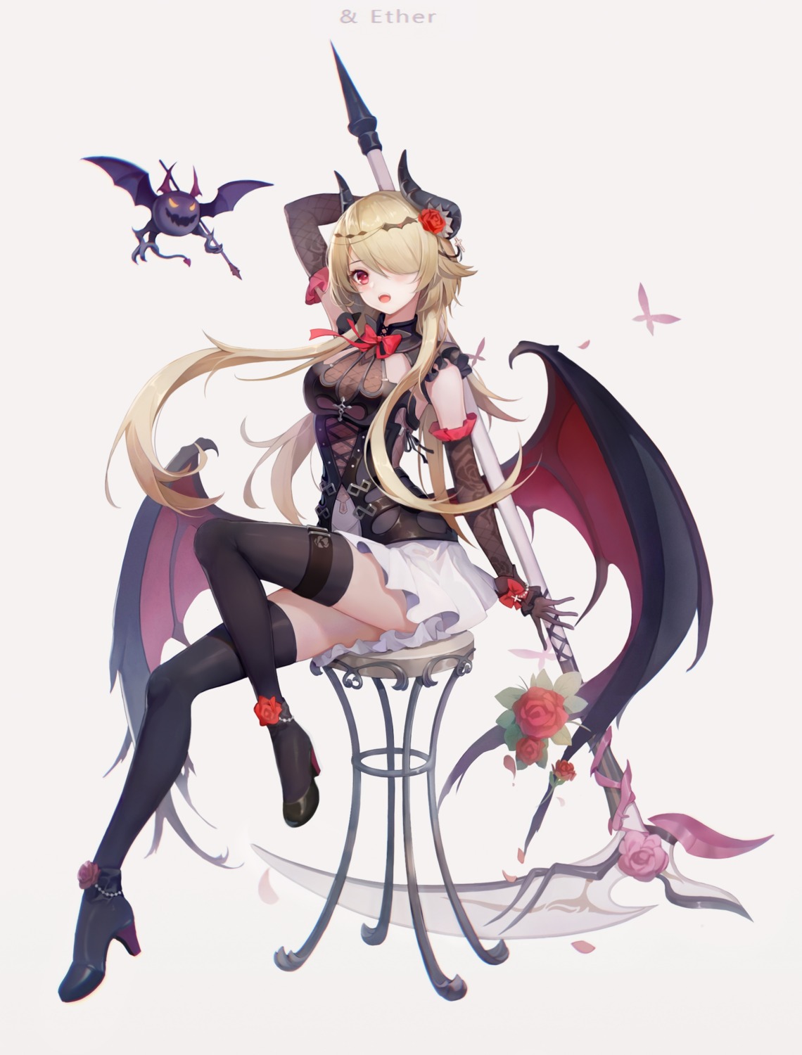 &ether benghuai_xueyuan cleavage dress garter heels honkai_impact horns rita_rossweisse see_through skirt_lift thighhighs weapon wings