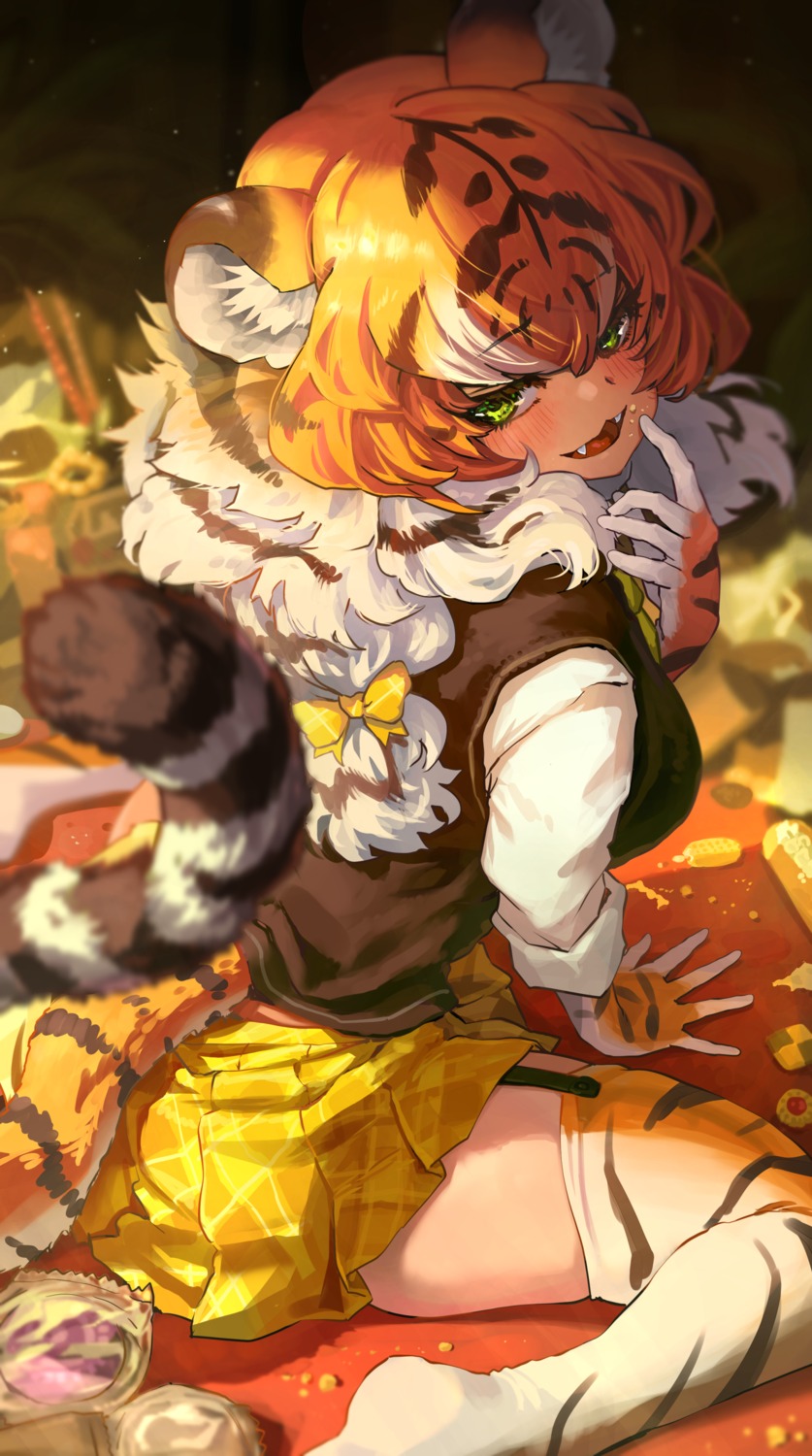 amur_tiger animal_ears kemono_friends melaton skirt_lift stockings tail thighhighs