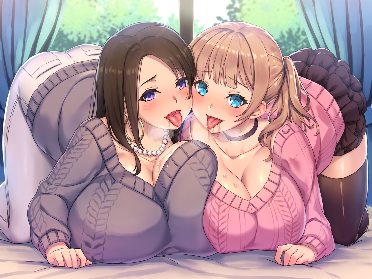 breast_hold cleavage sweater symmetrical_docking thighhighs umiharu