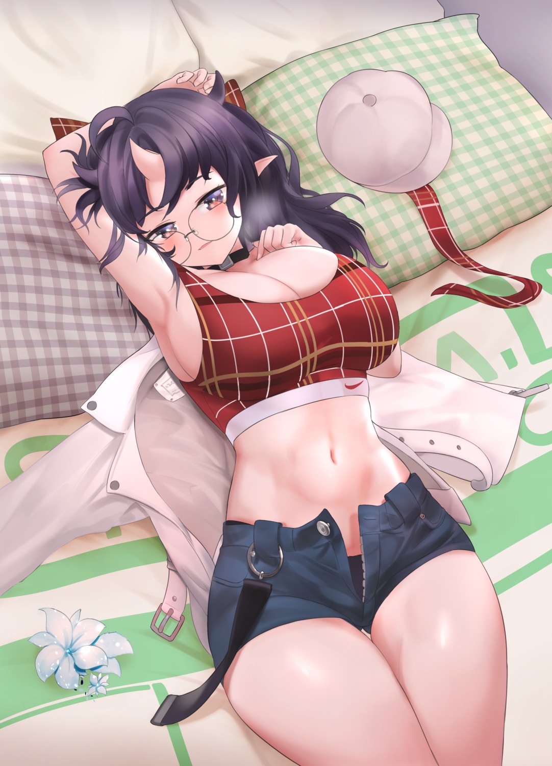 horns megane no_bra pantsu pointy_ears riba