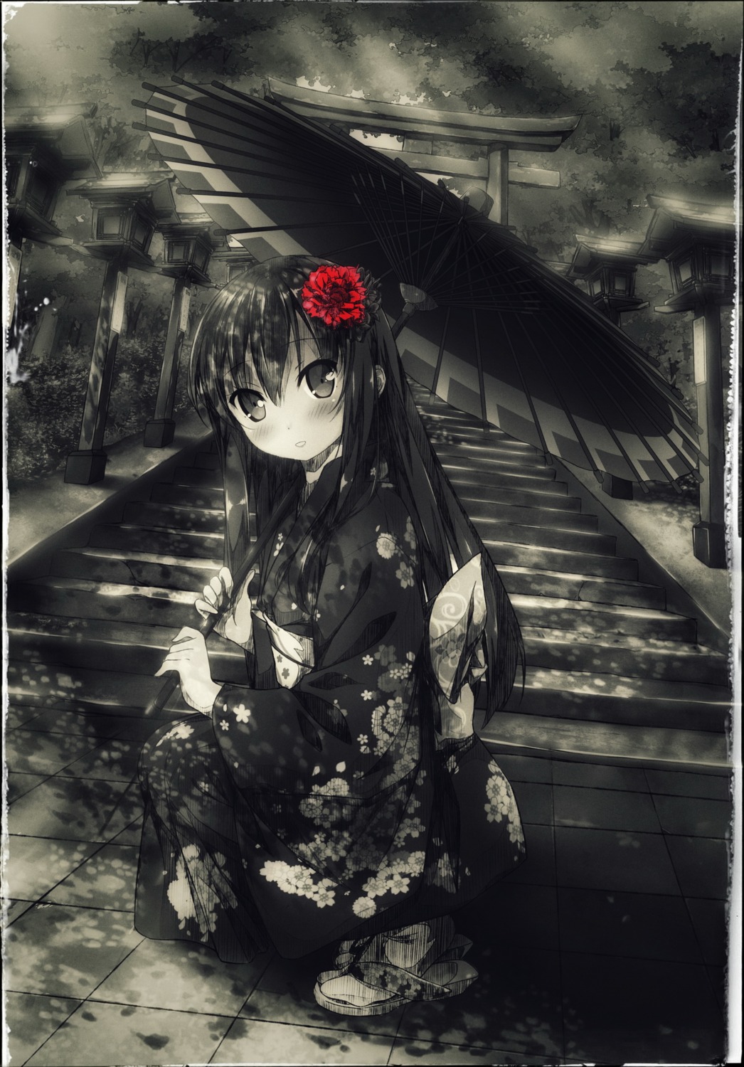 kimono kuro_neko_(yxmikan) monochrome umbrella