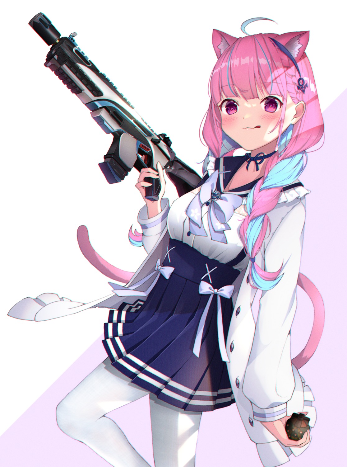 animal_ears byoko_(byokoramen) gun hololive minato_aqua nekomimi pantyhose seifuku skirt_lift tail