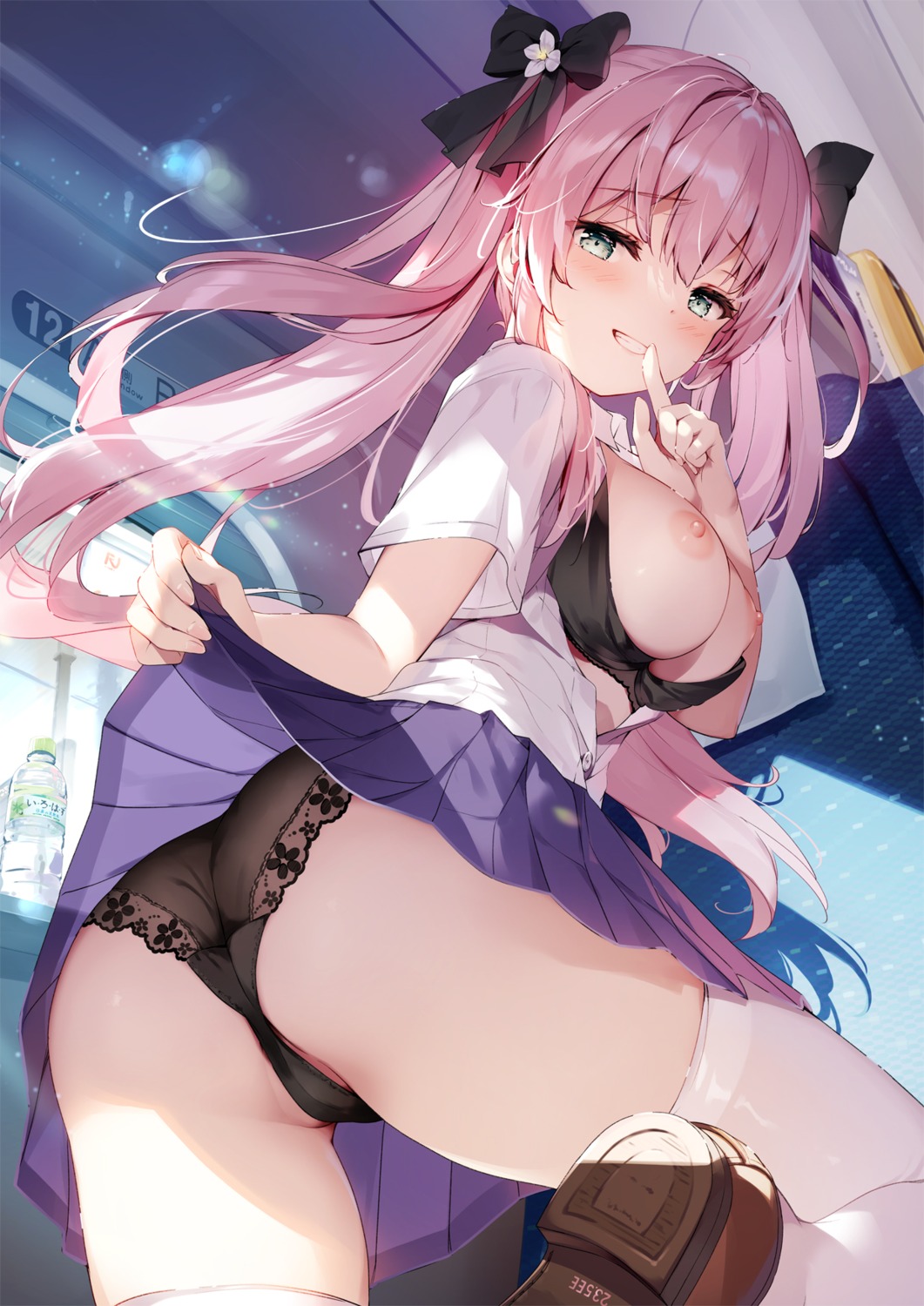 ass bra breasts cameltoe miyase_mahiro nipples open_shirt pantsu skirt_lift thighhighs thong