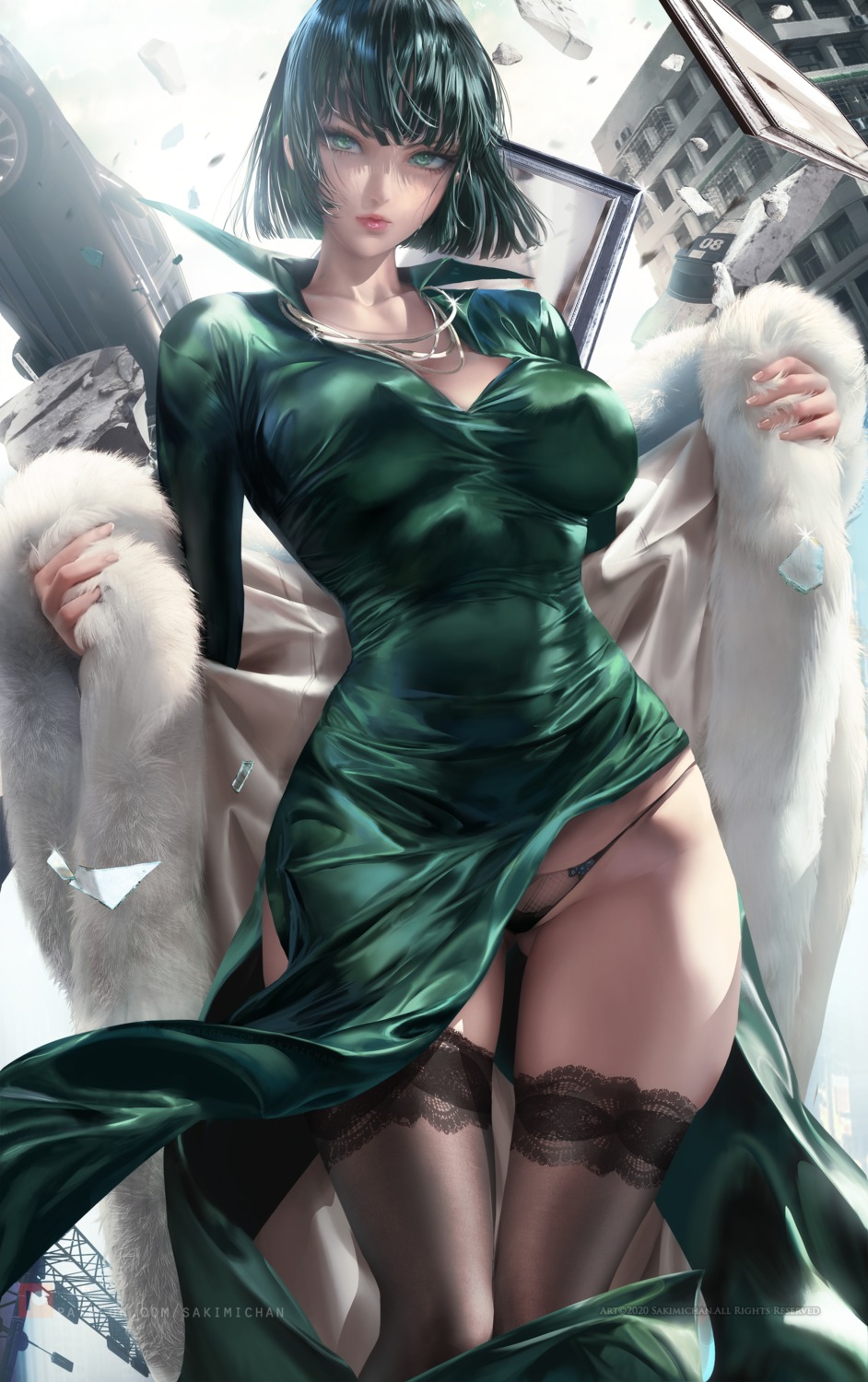 dress erect_nipples fubuki_(one_punch_man) one_punch_man pantsu sakimichan skirt_lift thighhighs thong