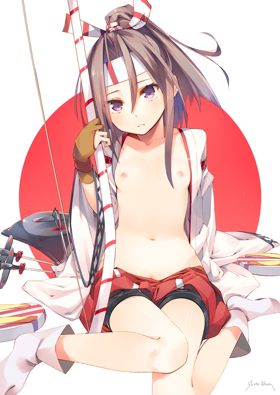 aihara_shouta breasts kantai_collection loli nipples open_shirt weapon zuihou_(kancolle)