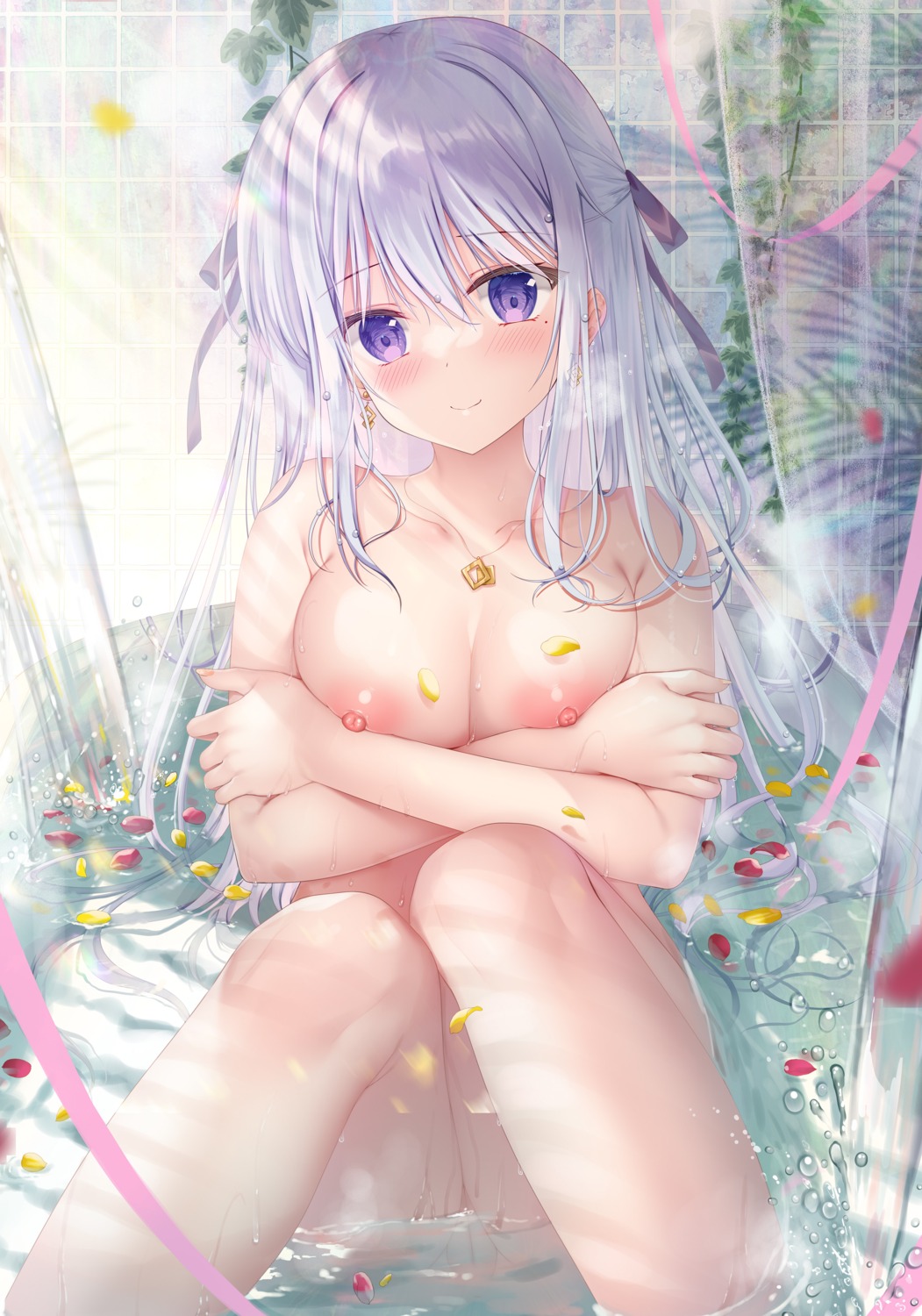 bathing breast_hold hiiragi_asuka_(twinbox) naked nipples pussy twinbox twinbox_(circle) twinbox_school wet