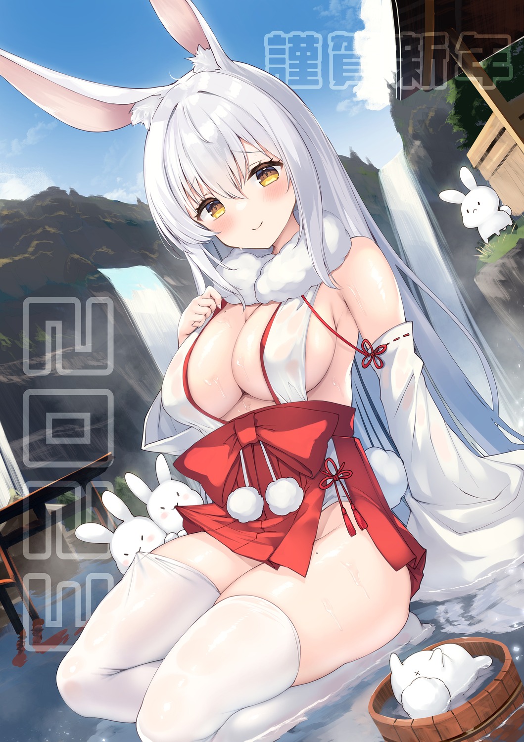 animal_ears bunny_ears miko no_bra ochinsama see_through tail thighhighs wet wet_clothes