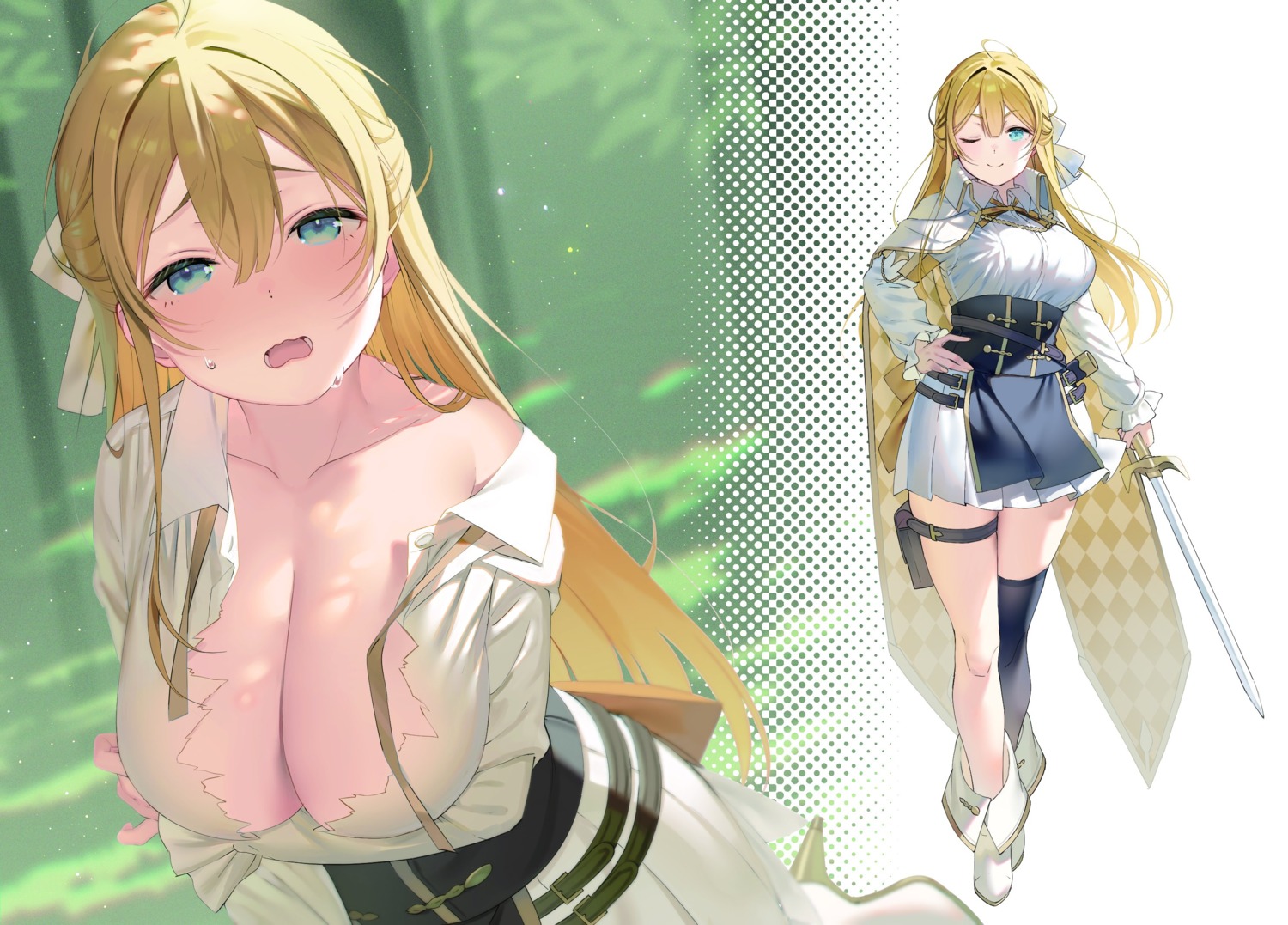 breast_hold cleavage garter heels natasha_(pommier) no_bra open_shirt sword thighhighs torn_clothes