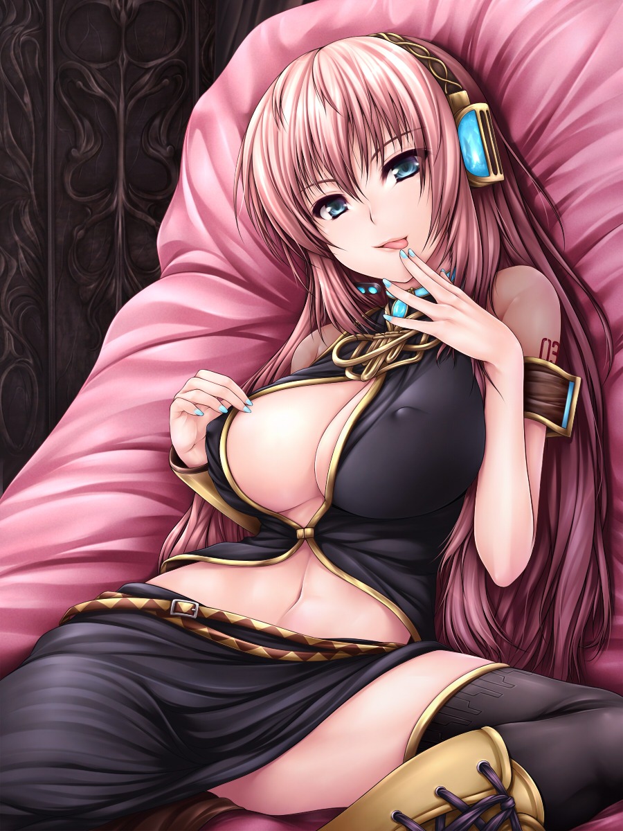 cleavage erect_nipples headphones megurine_luka thighhighs undressing uni8 vocaloid