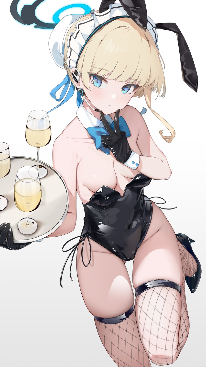 animal_ears asuma_toki blue_archive bunny_ears bunny_girl fishnets halo maid no_bra shimanun thighhighs waitress