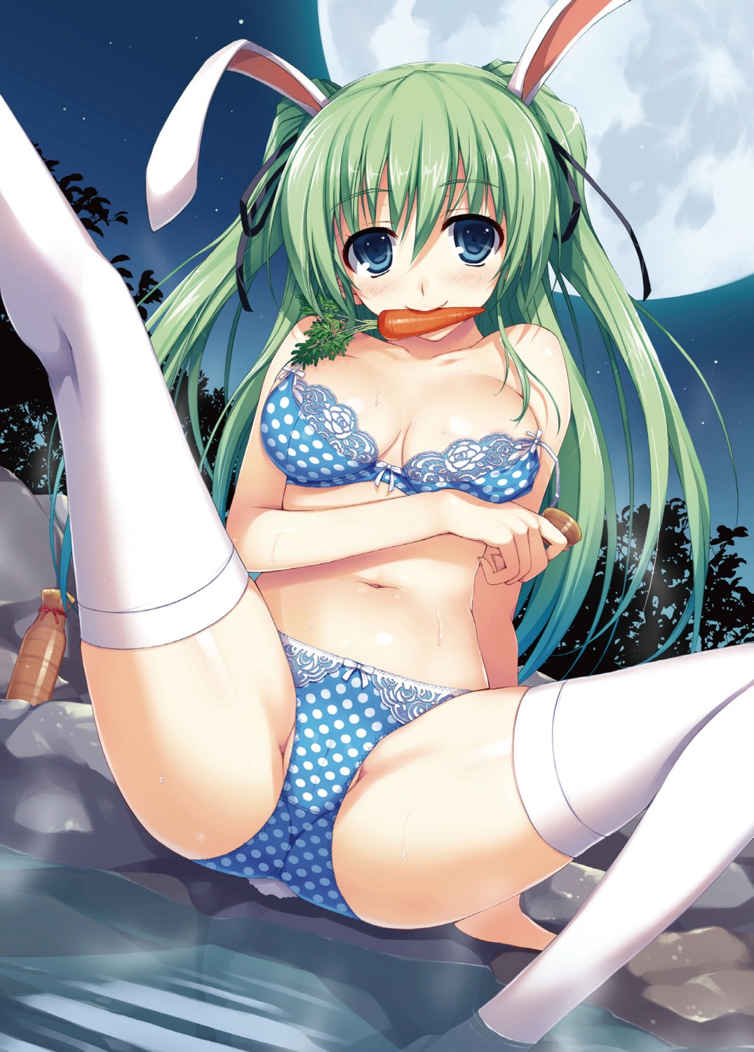 animal_ears bra bunny_ears cleavage jpeg_artifacts onsen pantsu thighhighs tomose_shunsaku