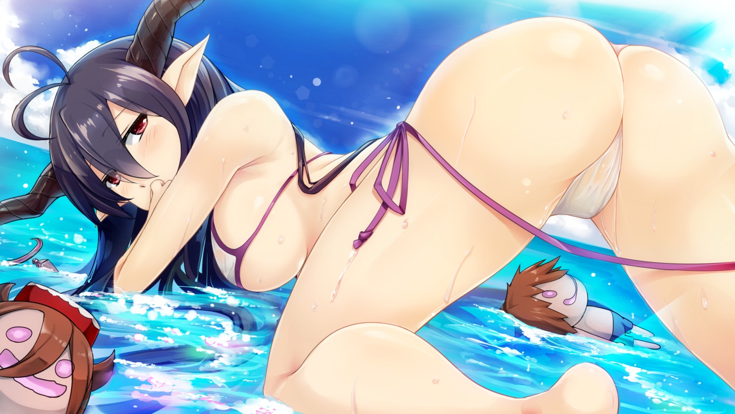 ass bikini danua granblue_fantasy horns pinkarage pointy_ears see_through swimsuits underboob wallpaper wet