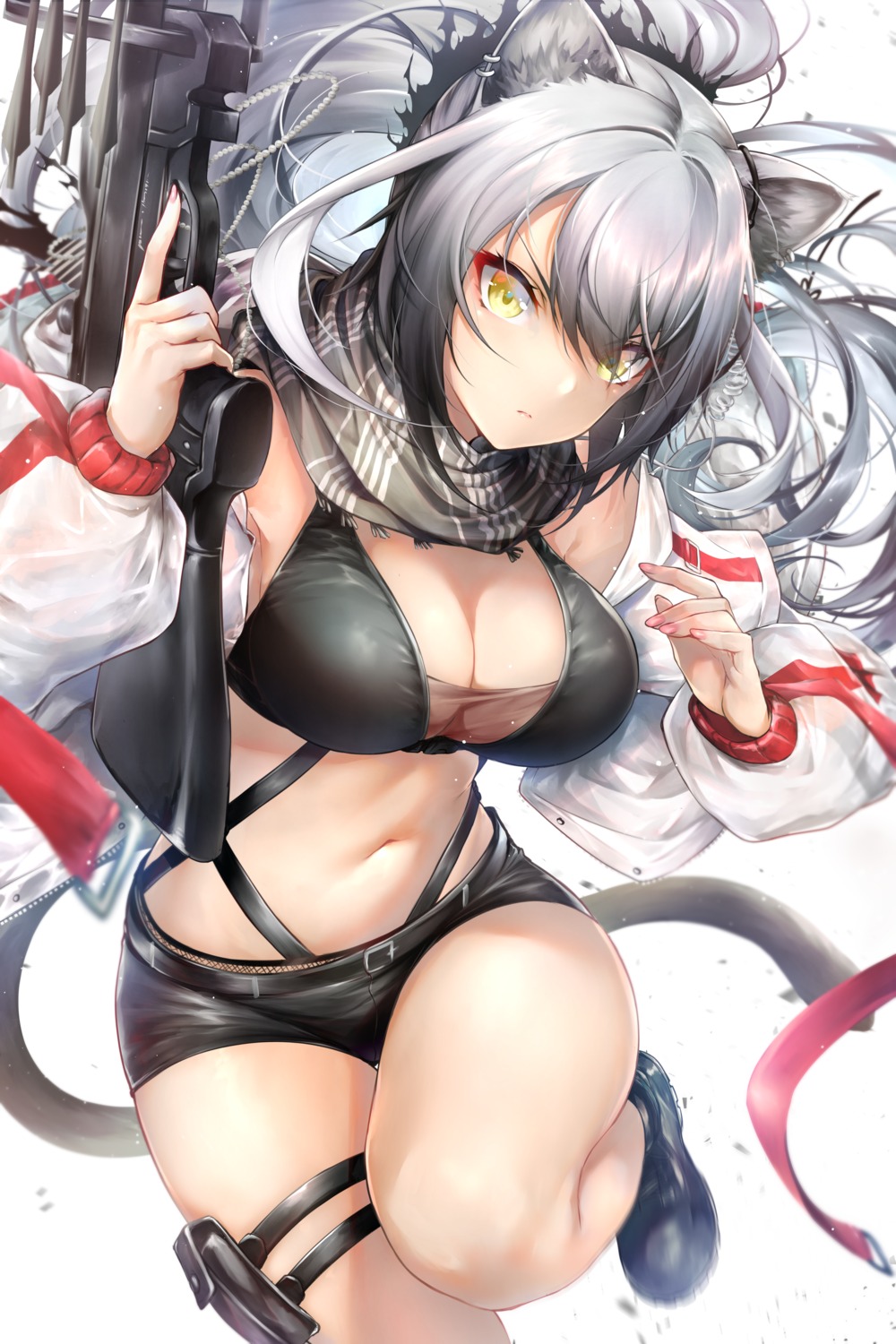 animal_ears arknights garter open_shirt rei_kun schwarz_(arknights) see_through tail weapon