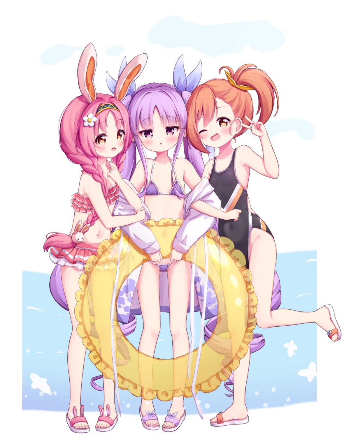 akane_mimi animal_ears bikini bunny_ears hikawa_kyouka hodaka_misogi open_shirt princess_connect princess_connect!_re:dive swimsuits tokenbox