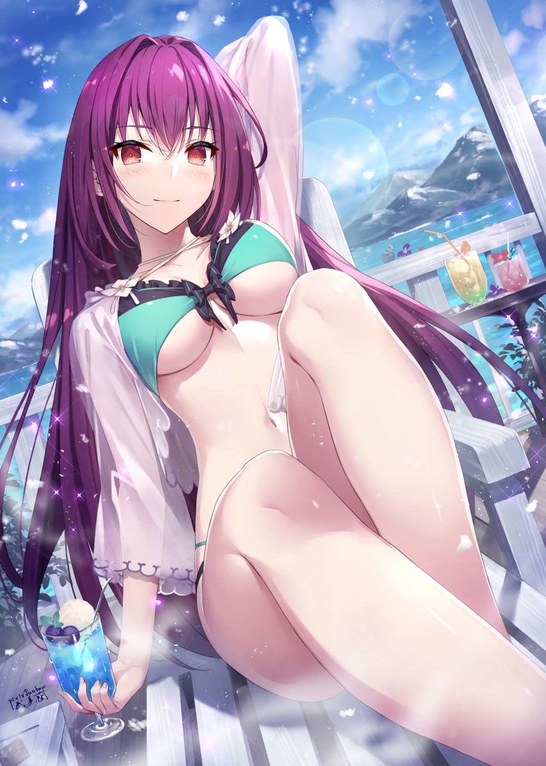 bikini fate/grand_order gabiran scathach_(fate/grand_order) see_through swimsuits