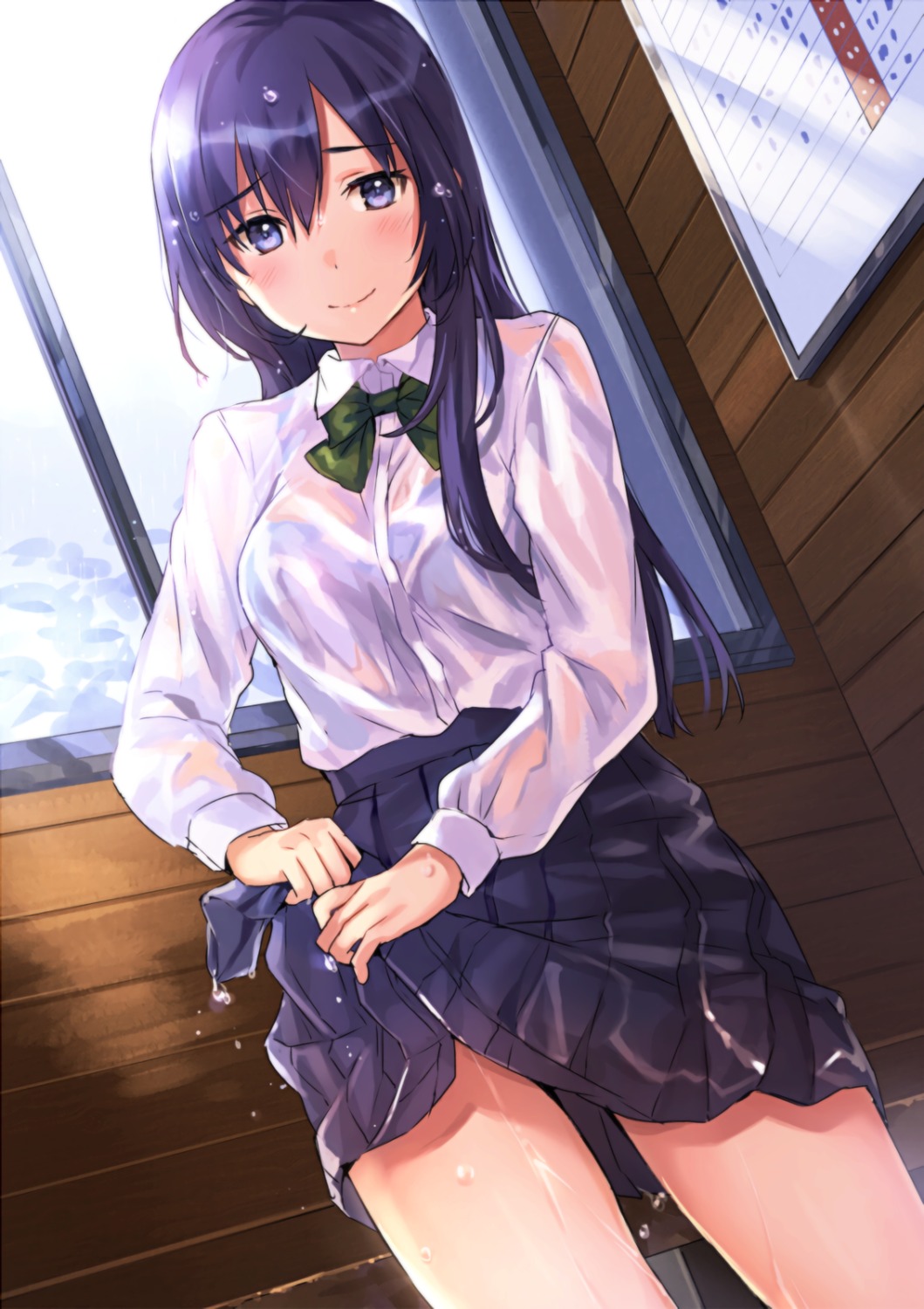 bra see_through seifuku skirt_lift tan_(tangent) wet wet_clothes