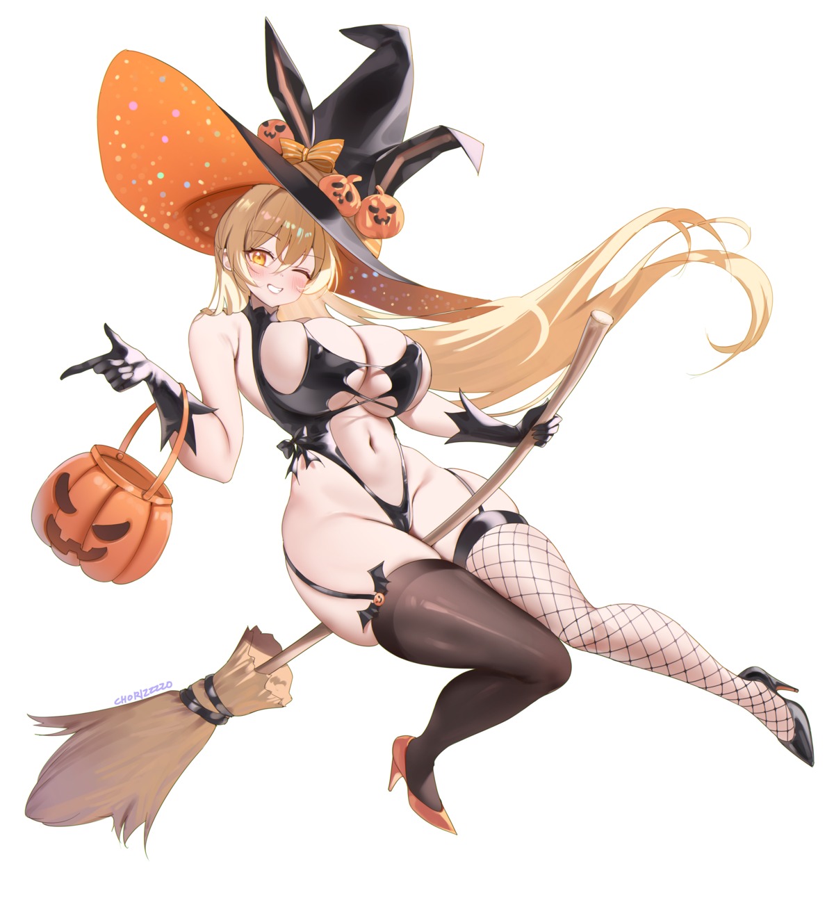 animal_ears bunny_ears bunny_girl cameltoe erect_nipples fishnets halloween heels no_bra stockings thighhighs witch zzo_(chorizzzzo)