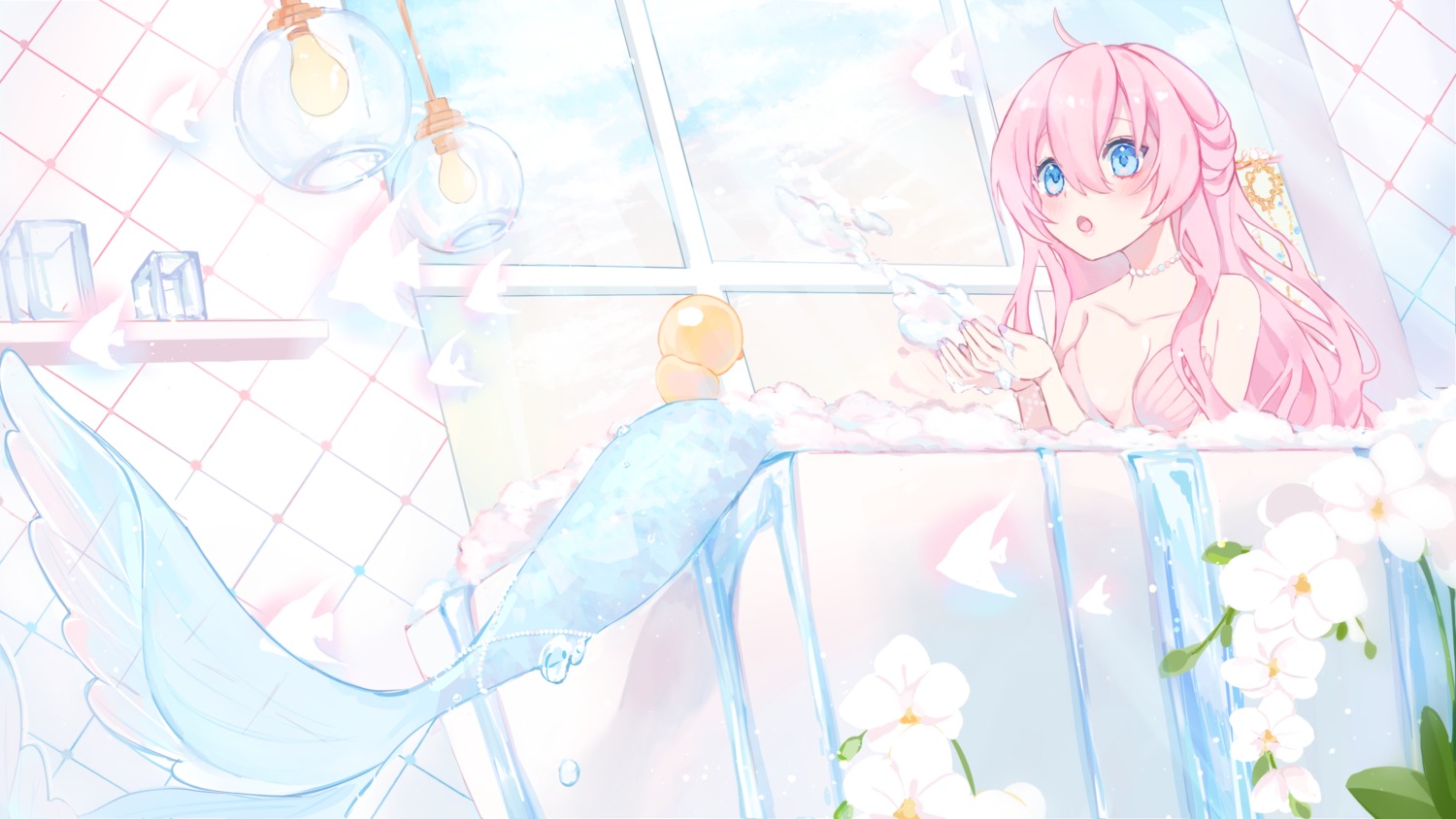 ariru bathing cream mermaid monster_girl no_bra tail wallpaper