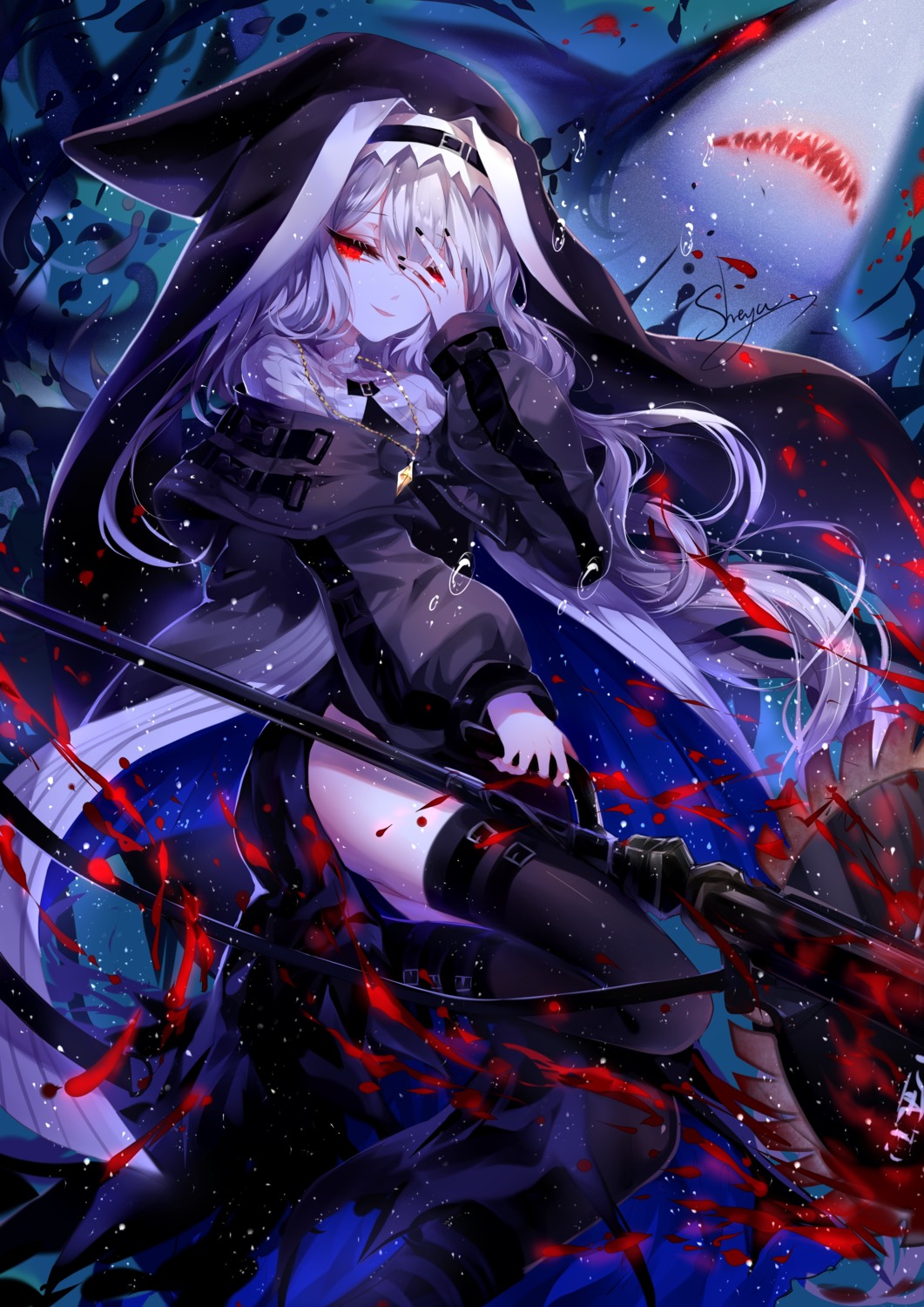 arknights blood sheya specter_(arknights) thighhighs weapon