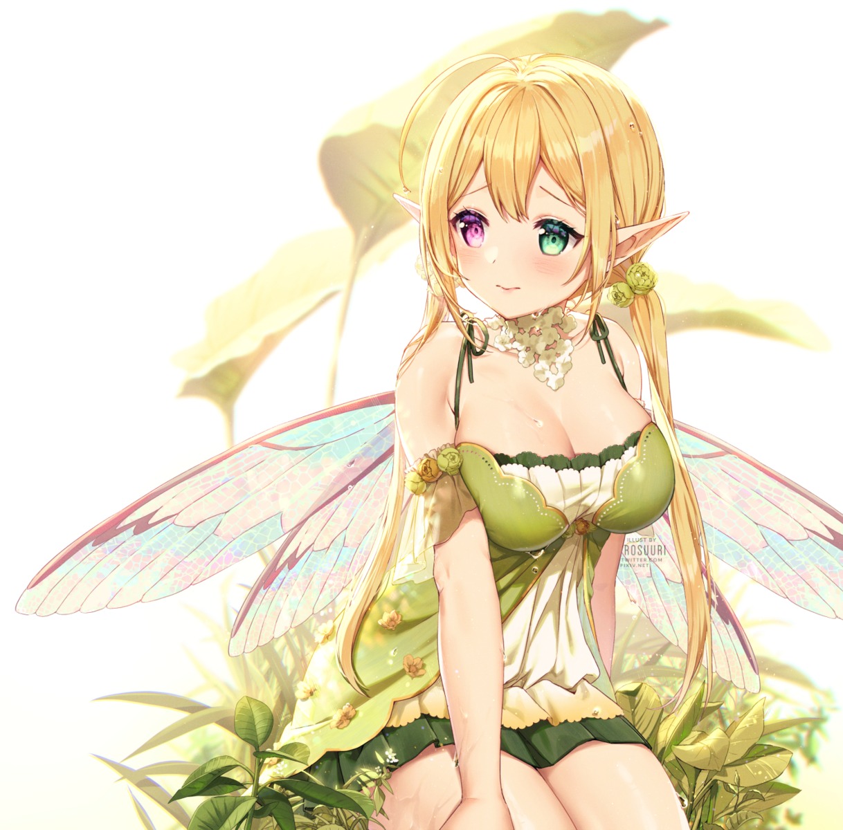 cleavage fairy heterochromia pointy_ears rosuuri wings