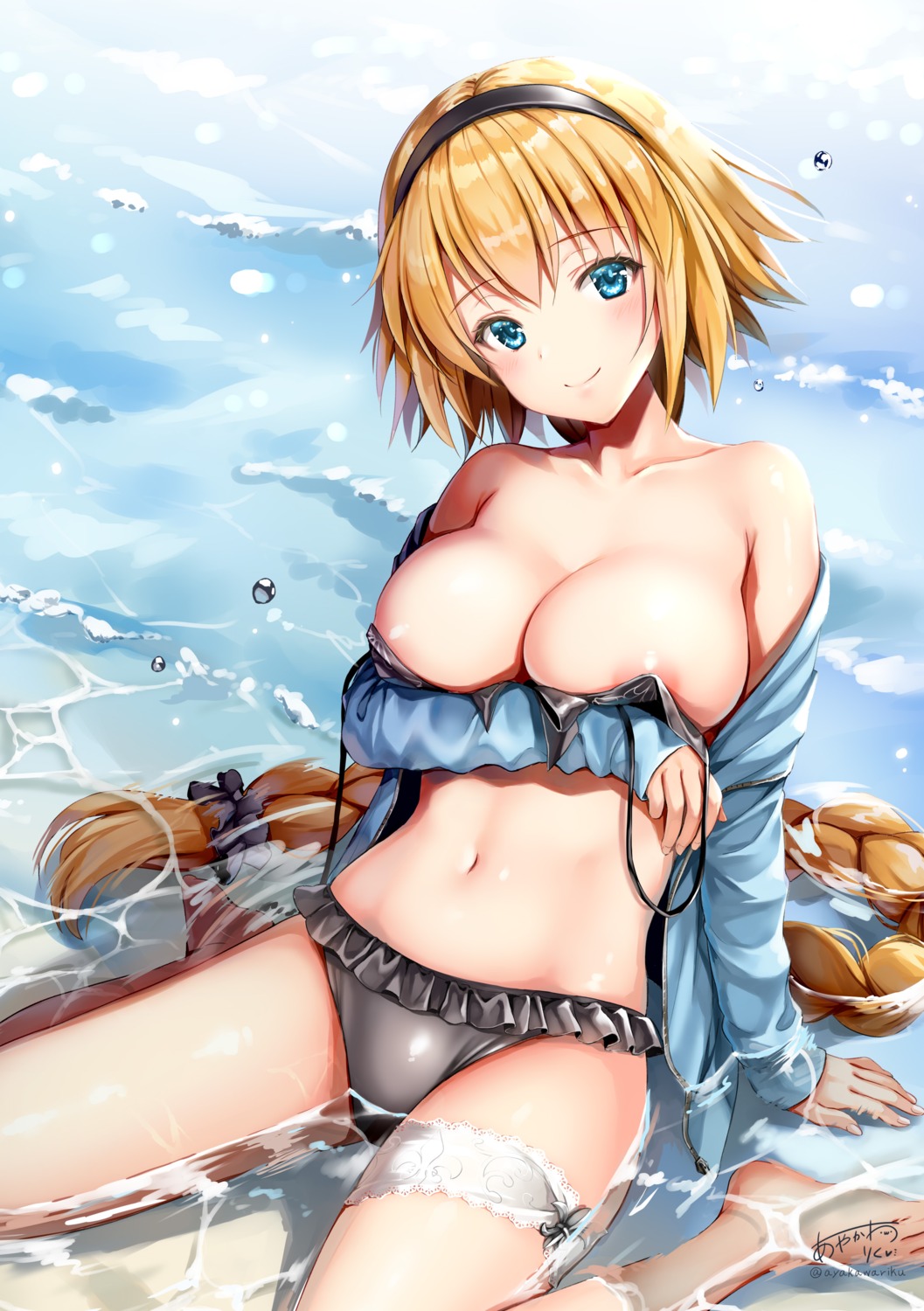 areola ayakawa_riku bikini breast_hold breasts fate/grand_order garter jeanne_d'arc jeanne_d'arc_(fate) open_shirt swimsuits wardrobe_malfunction wet