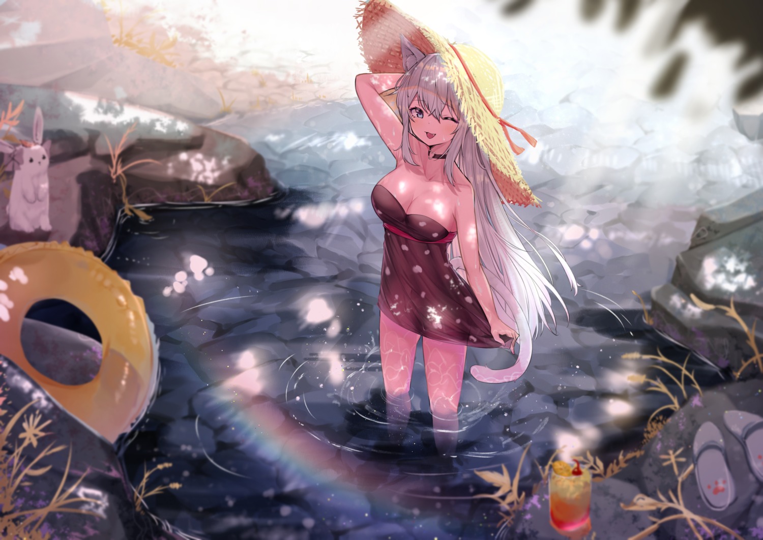 animal_ears dress kouki_(chancegak) no_bra tail wet