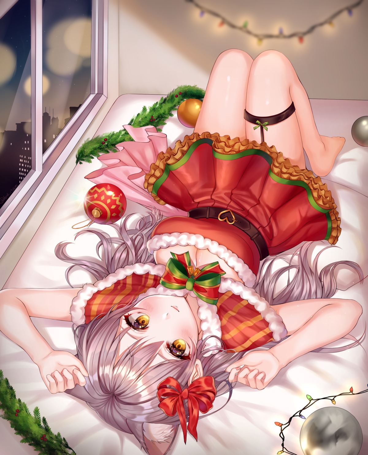 aina_156cm animal_ears christmas cleavage dress garter nekomimi skirt_lift