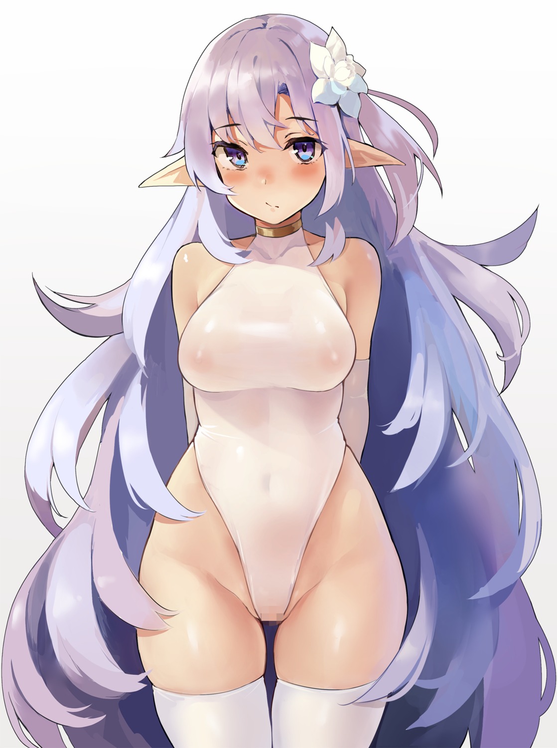 censored elf kekemotsu nipples pointy_ears see_through swimsuits thighhighs