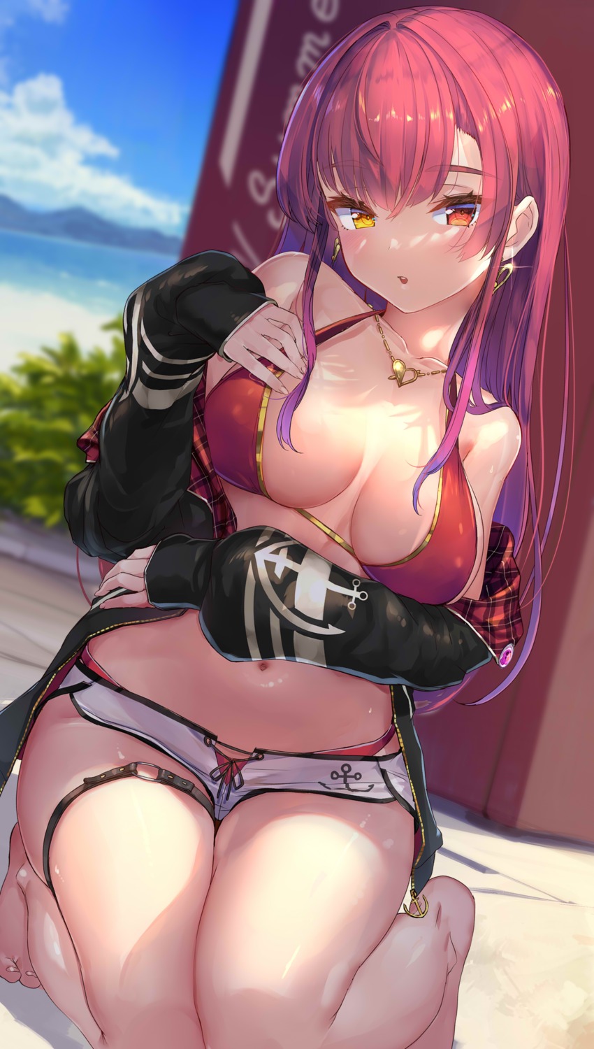 akasa_ai bikini erect_nipples garter heterochromia hololive houshou_marine open_shirt swimsuits