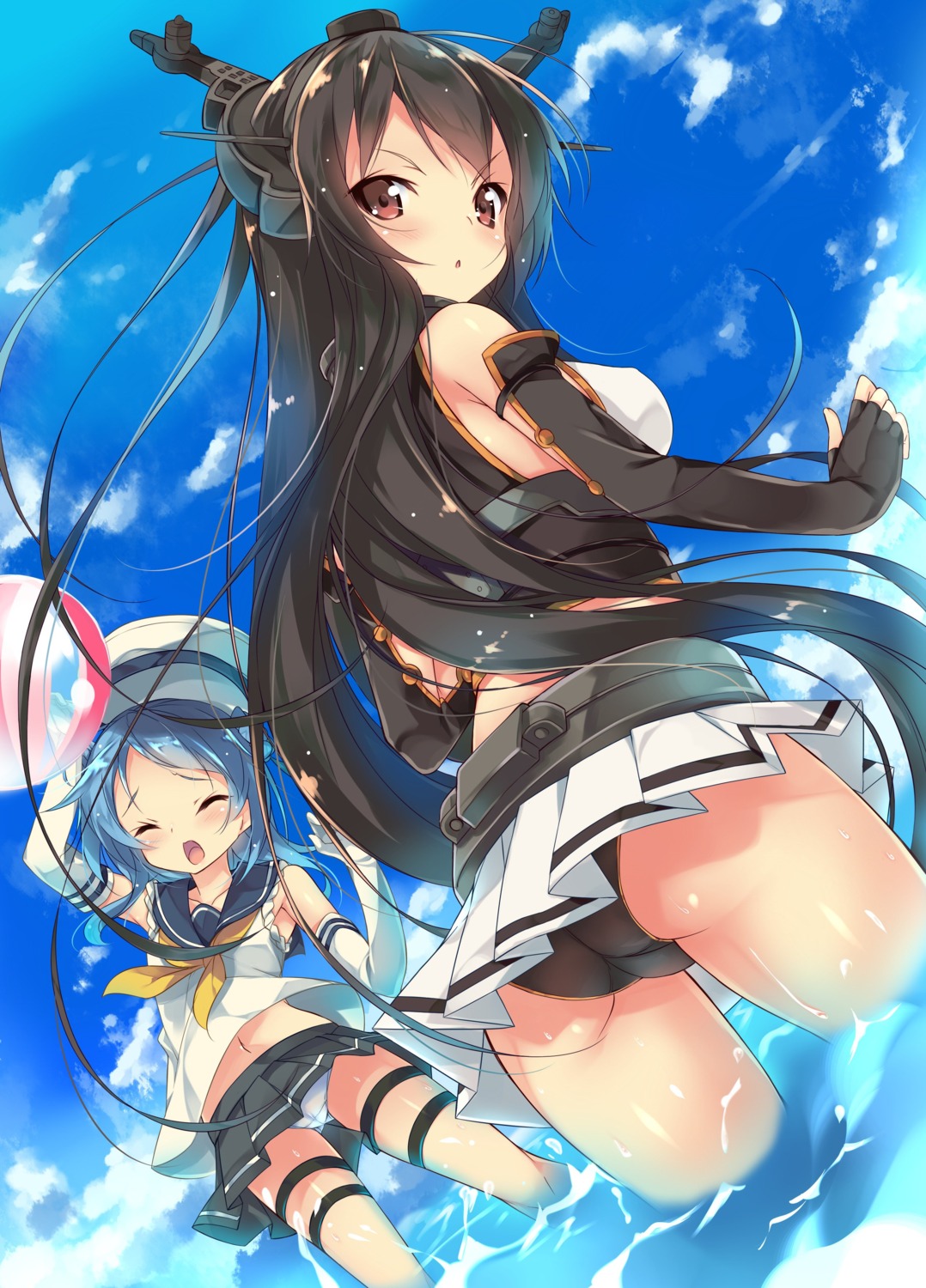 ass garter kantai_collection mayuzaki_yuu nagato_(kancolle) pantsu seifuku skirt_lift urakaze_(kancolle) wet