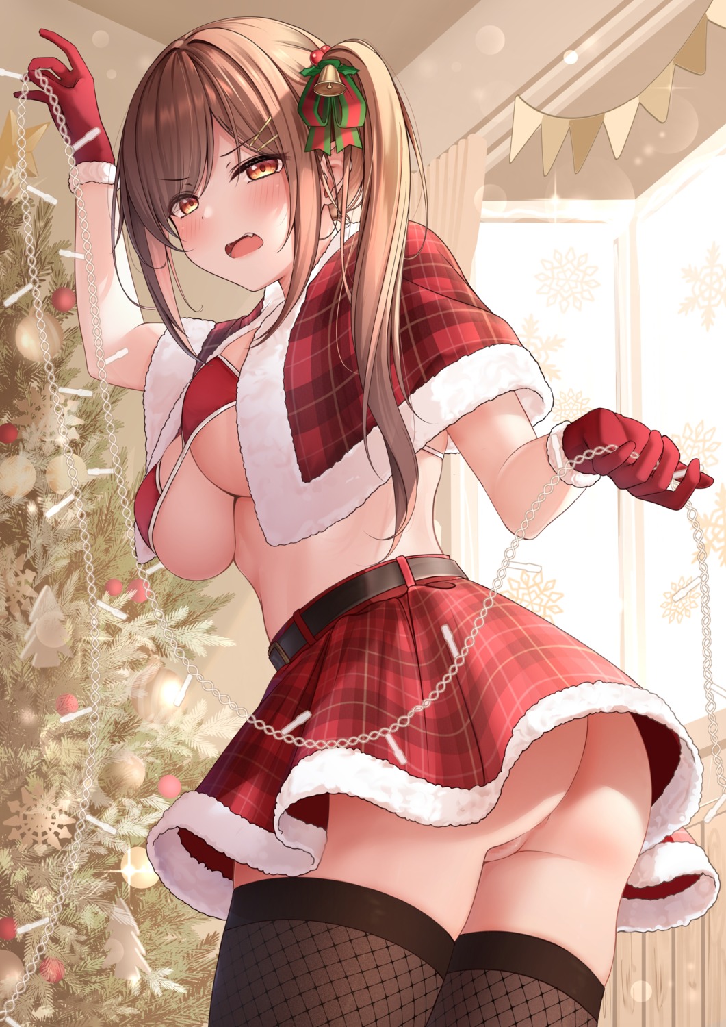 ass bikini_top christmas fishnets monaka_curl nopan pussy skirt_lift swimsuits thighhighs